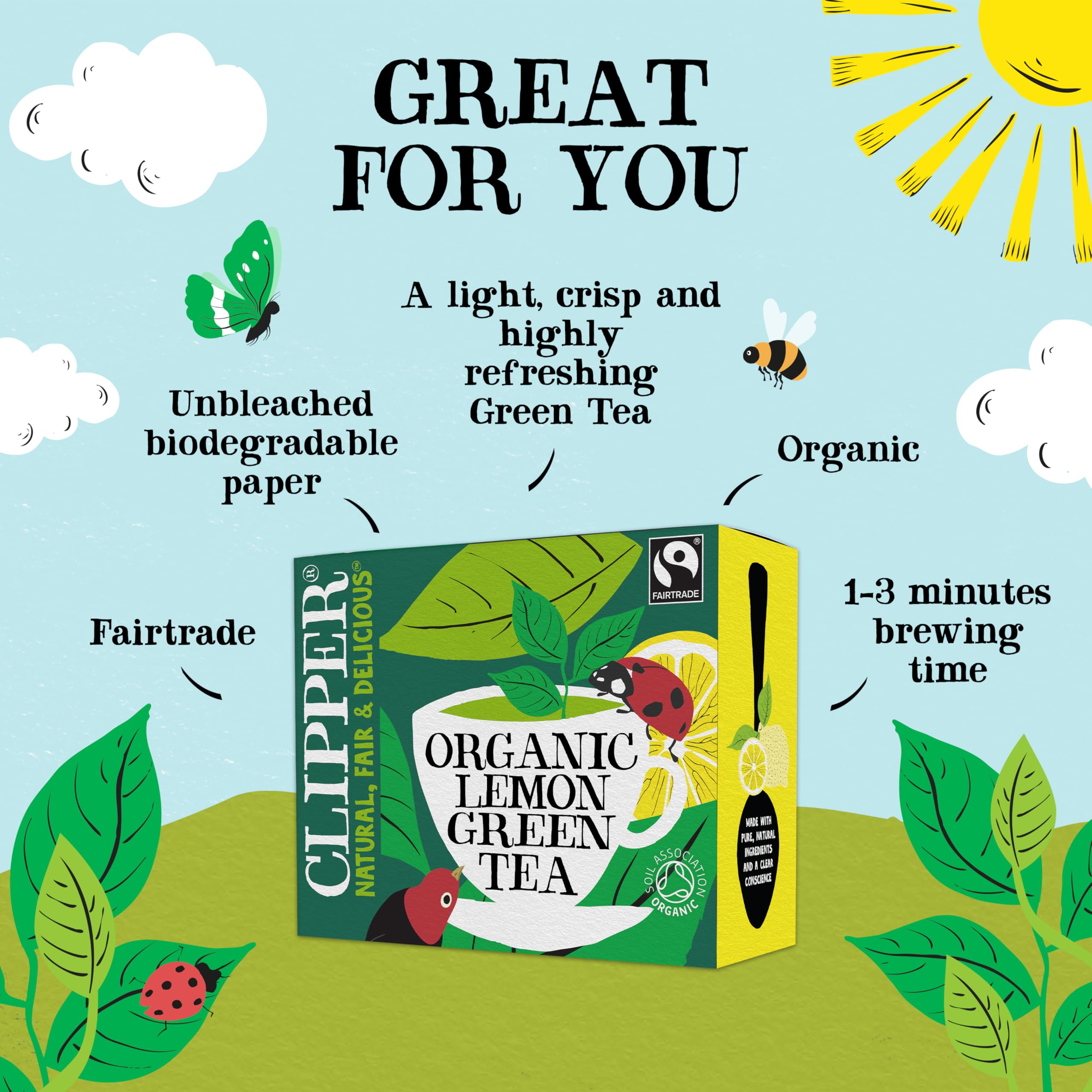Clipper Natural, Fair & Delicious Organic Lemon Green Tea Bags - 80 Count | Fairtrade & Biodegradable