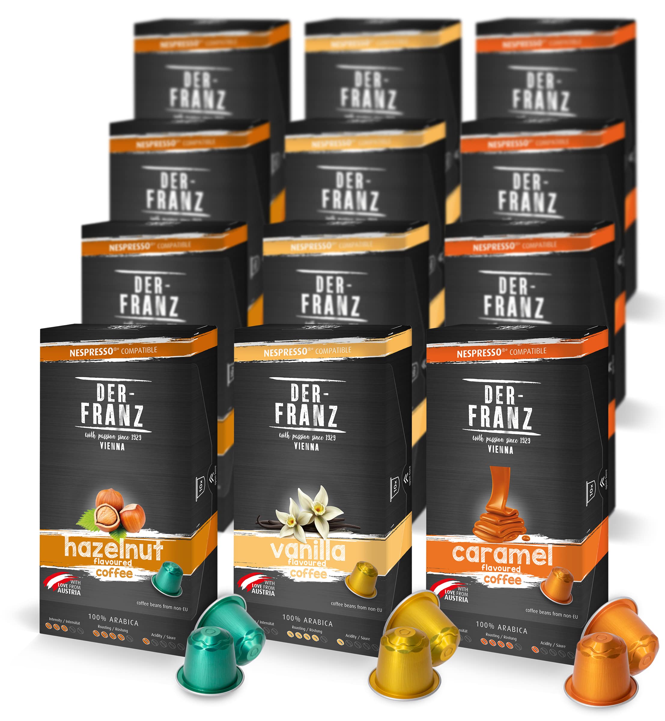 Der-Franz Hazelnut, Vanilla and Caramel Flavored Coffee Capsules, 120 Count (12x10) - Nespresso Compatible