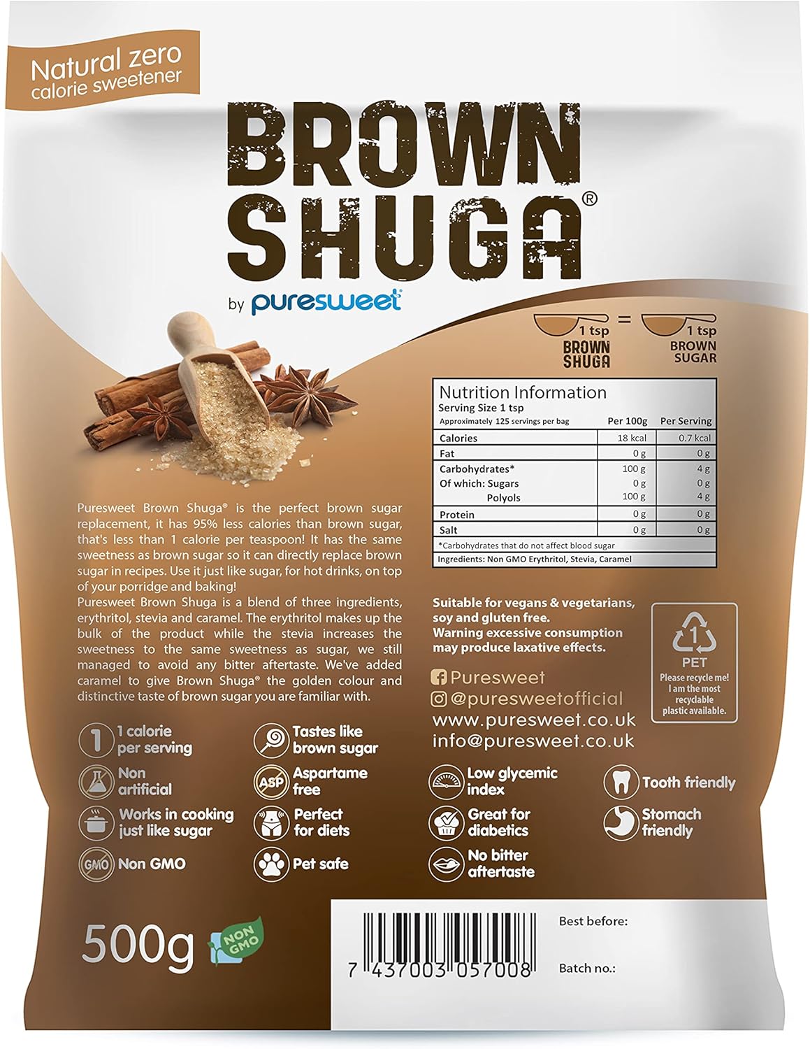 Brown Shuga® by Puresweet 500g - Natural Brown Sugar Alternative, No Bitter Aftertaste, Diabetic and Keto Friendly