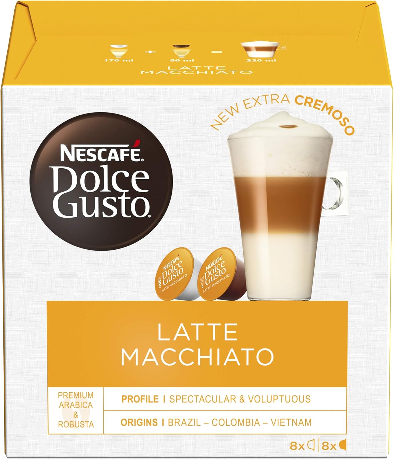 Nescafé Dolce Gusto Latte Macchiato Coffee Pods, 3 x 16 Capsules (48 Total) - Whole Milk & Arabica-Robusta Blend