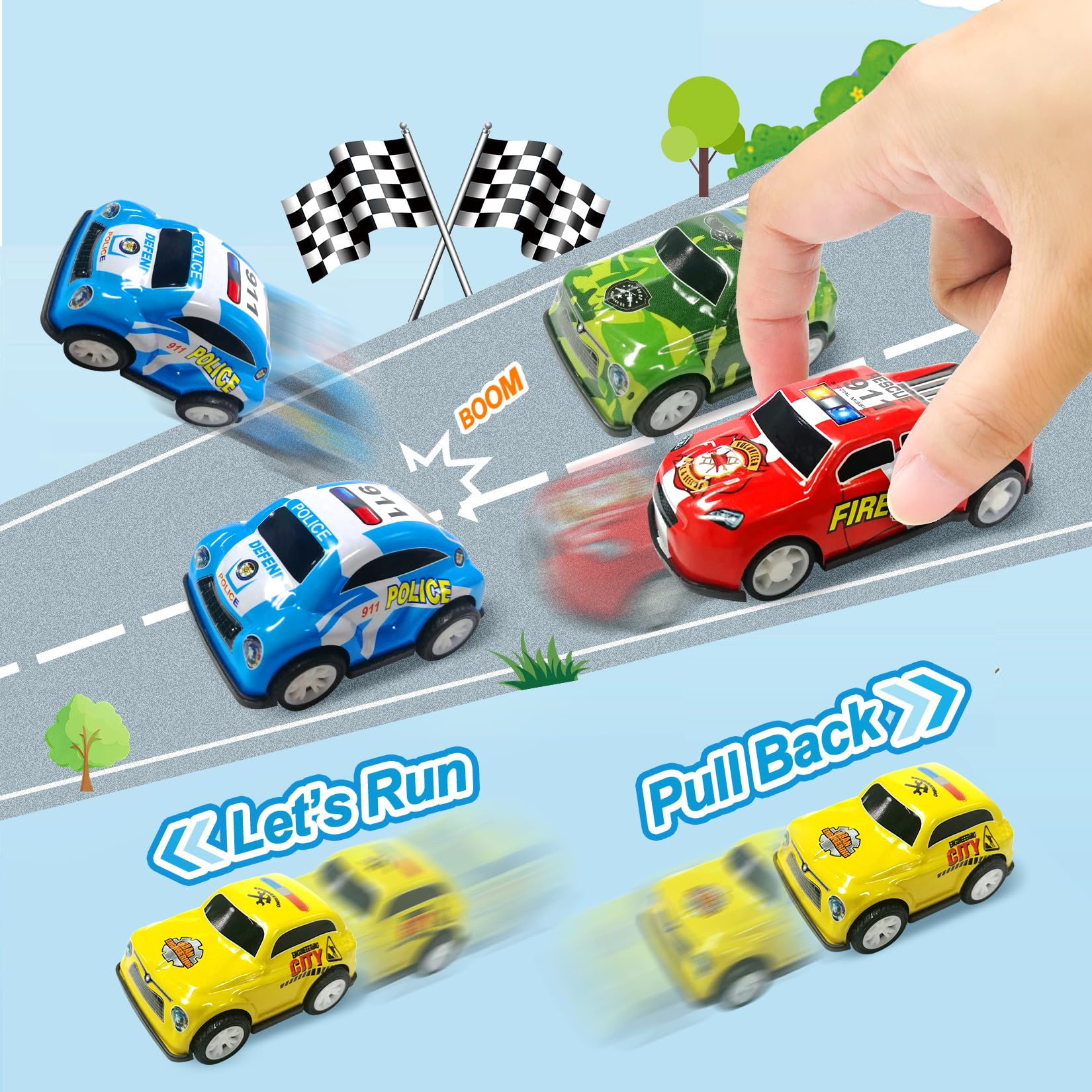 TOYABI Mini Toy Cars for Kids - 22pcs Metal Race Car Set with 2 Dolls, Pull Back Vehicles for Children 3+ 5