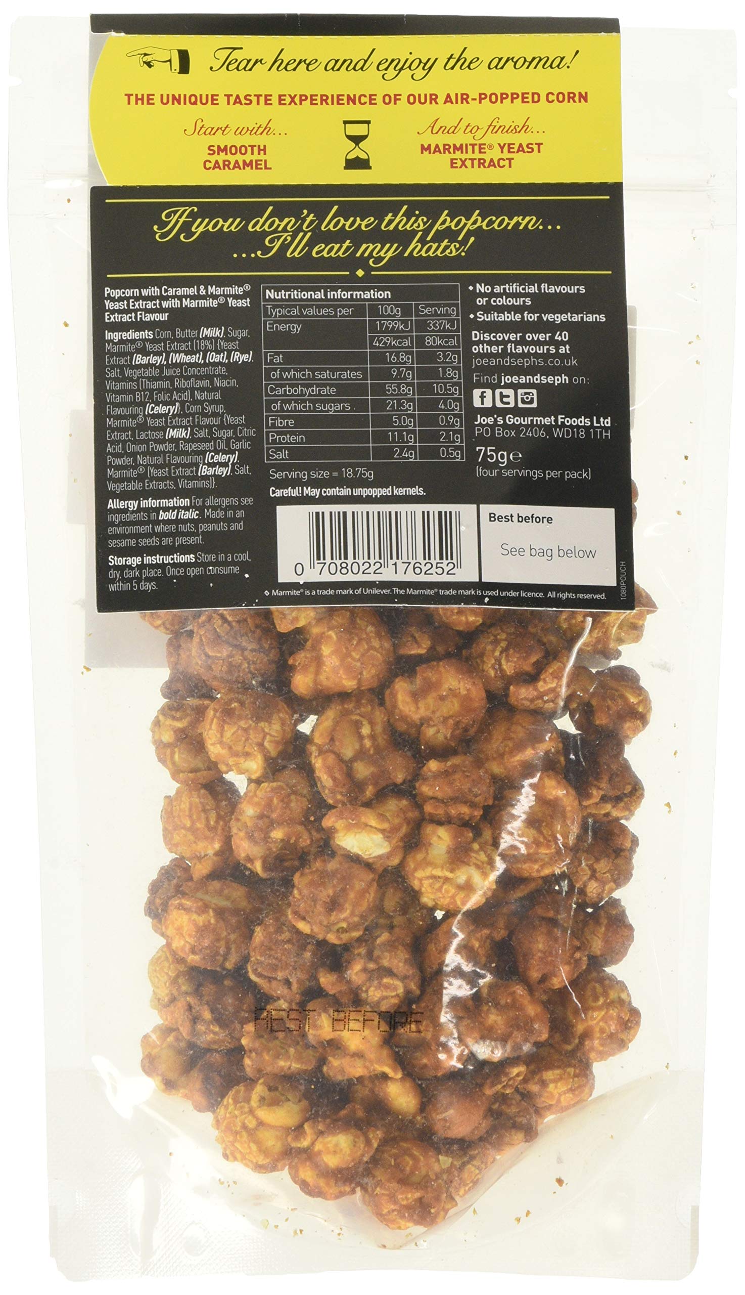 Joe & Seph's Marmite Popcorn - Sweet & Salty, Air-Popped | Handmade in UK | 75g Sharing Bag