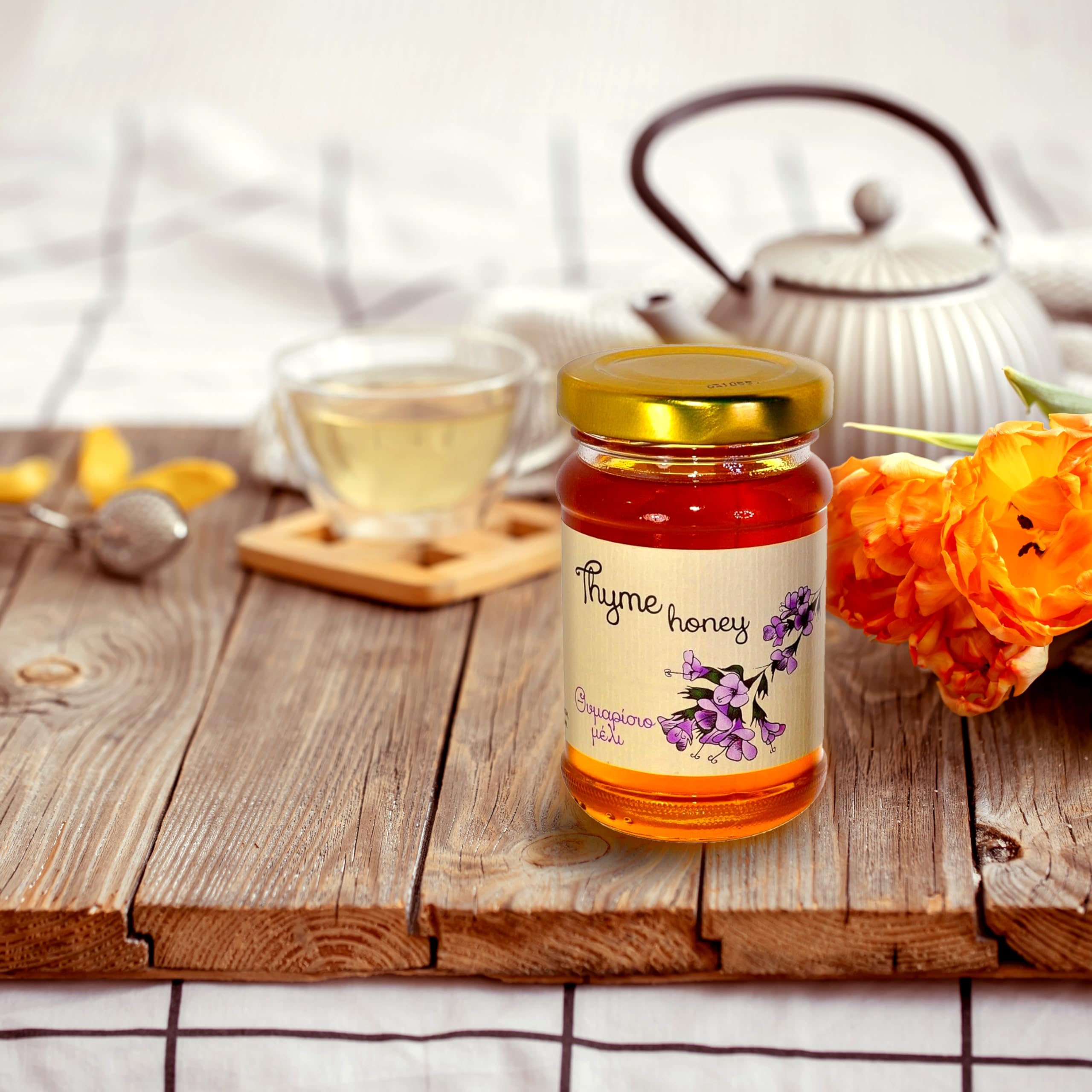 Melissokomiki Dodecanese Greek Honey Gift Set with Wooden Dipper – Raw Thyme & Pine Honey (130g each) 4