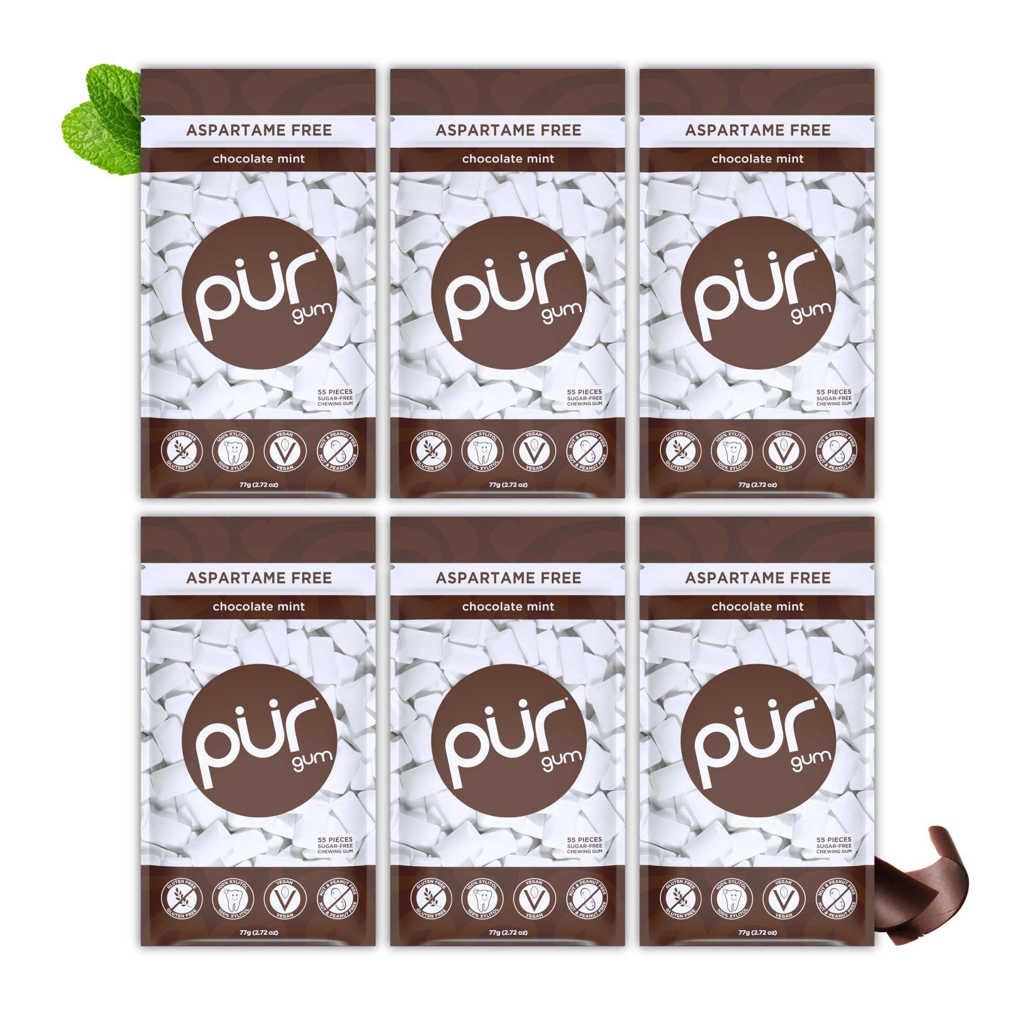 PUR - Natural Chocolate Mint Sugar-Free Chewing Gum (55 Pieces, Pack of 6)