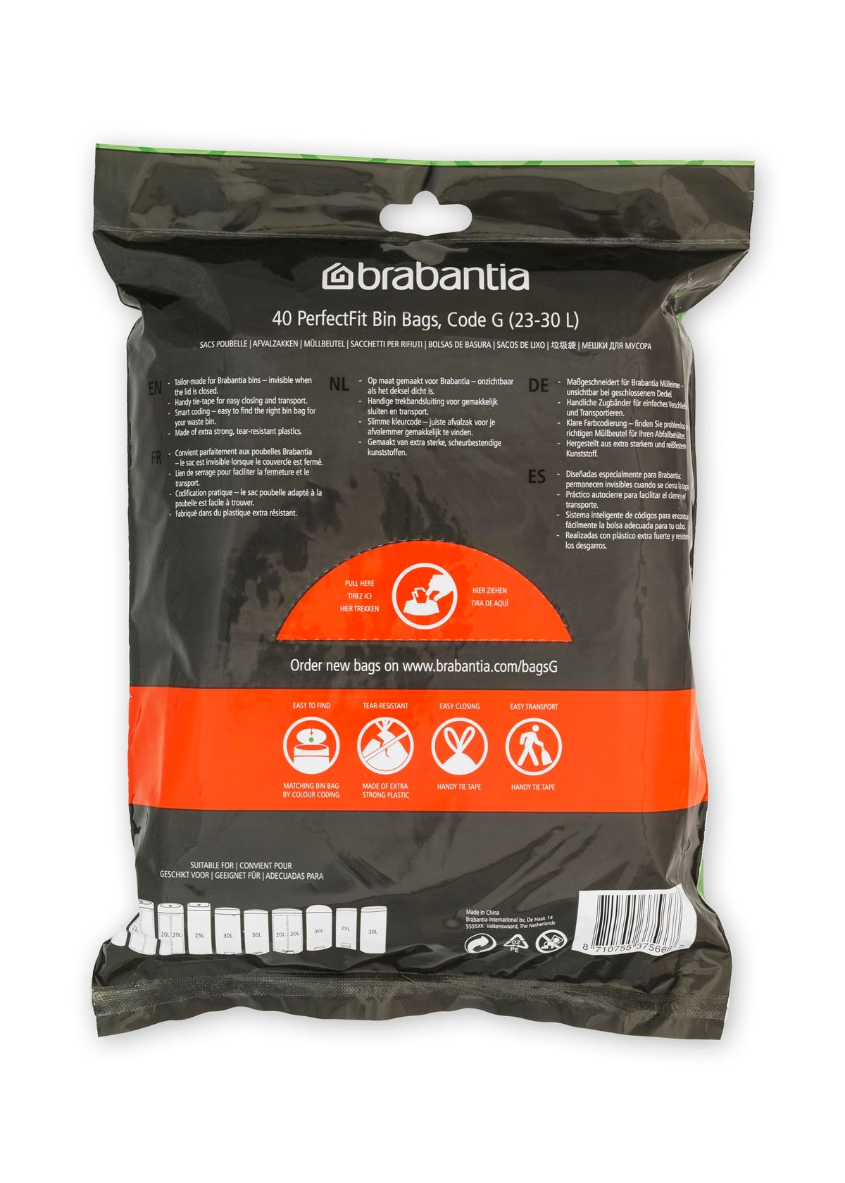 Brabantia PerfectFit Bin Liners - 40 Count, Size G, 23–30 L