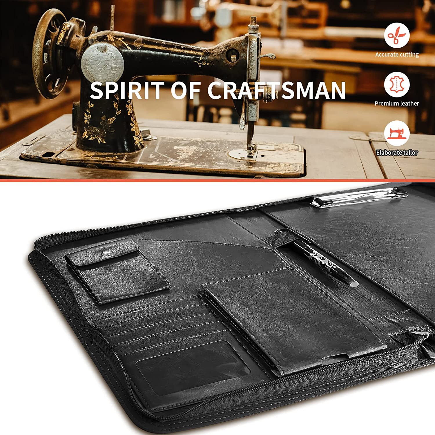 NEWYES Leather Zipper Conference Folder - A4 Size, Black PU Leather, Waterproof | 5 Card Slots 5