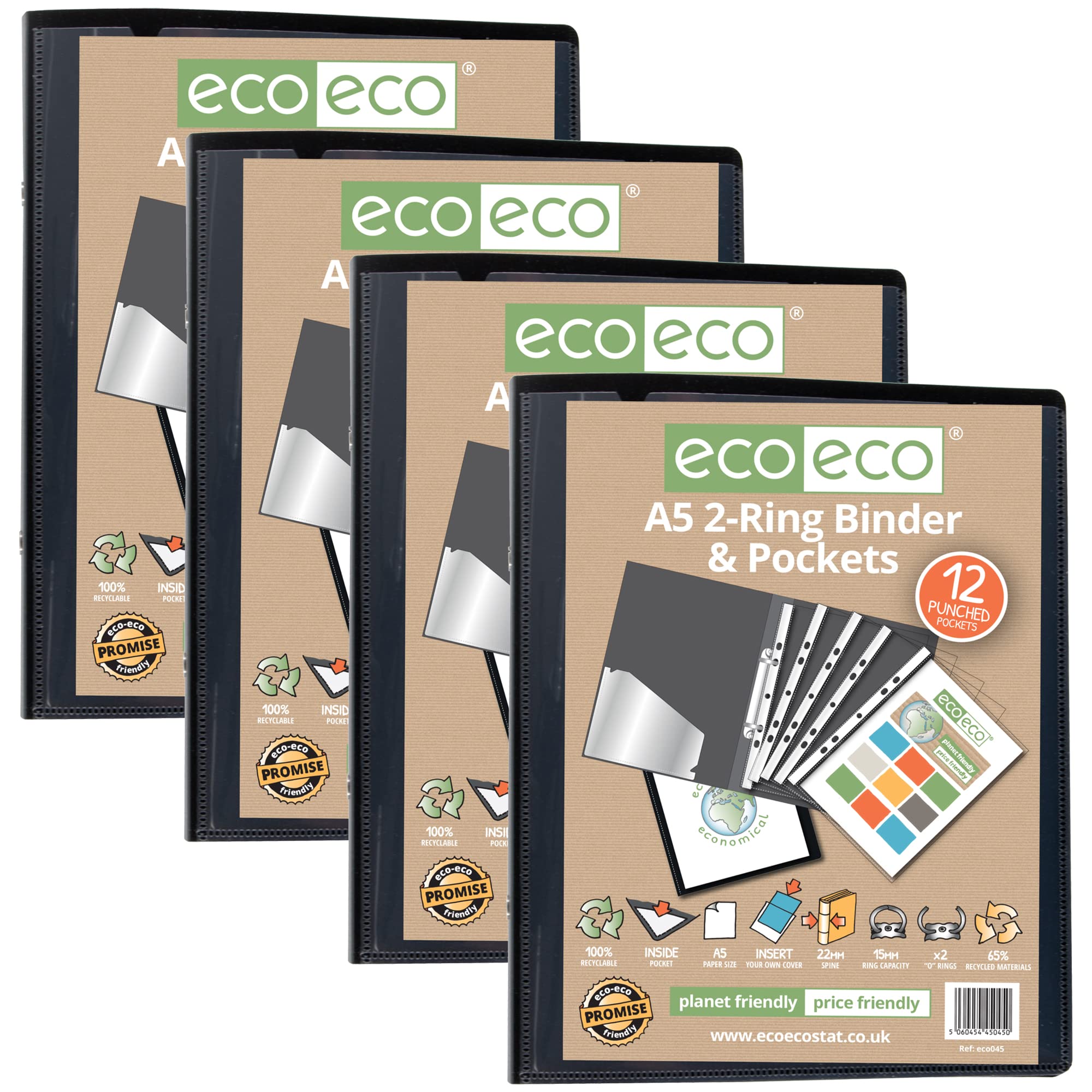 eco-eco A5 65% Recycled Presentation Ring Binder with 12 Pockets - Black, 15mm Capacity 1