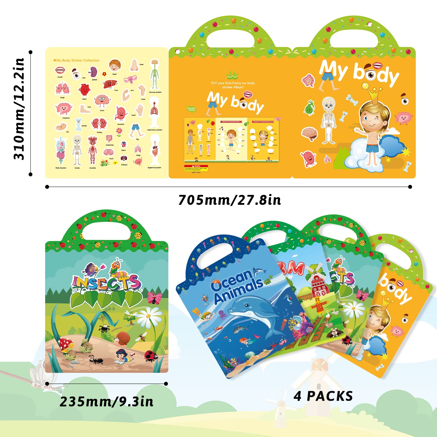 GUYUCOM 4-Pack Reusable Sticker Books for Kids - Educational DIY Arts & Crafts Toy Set 6