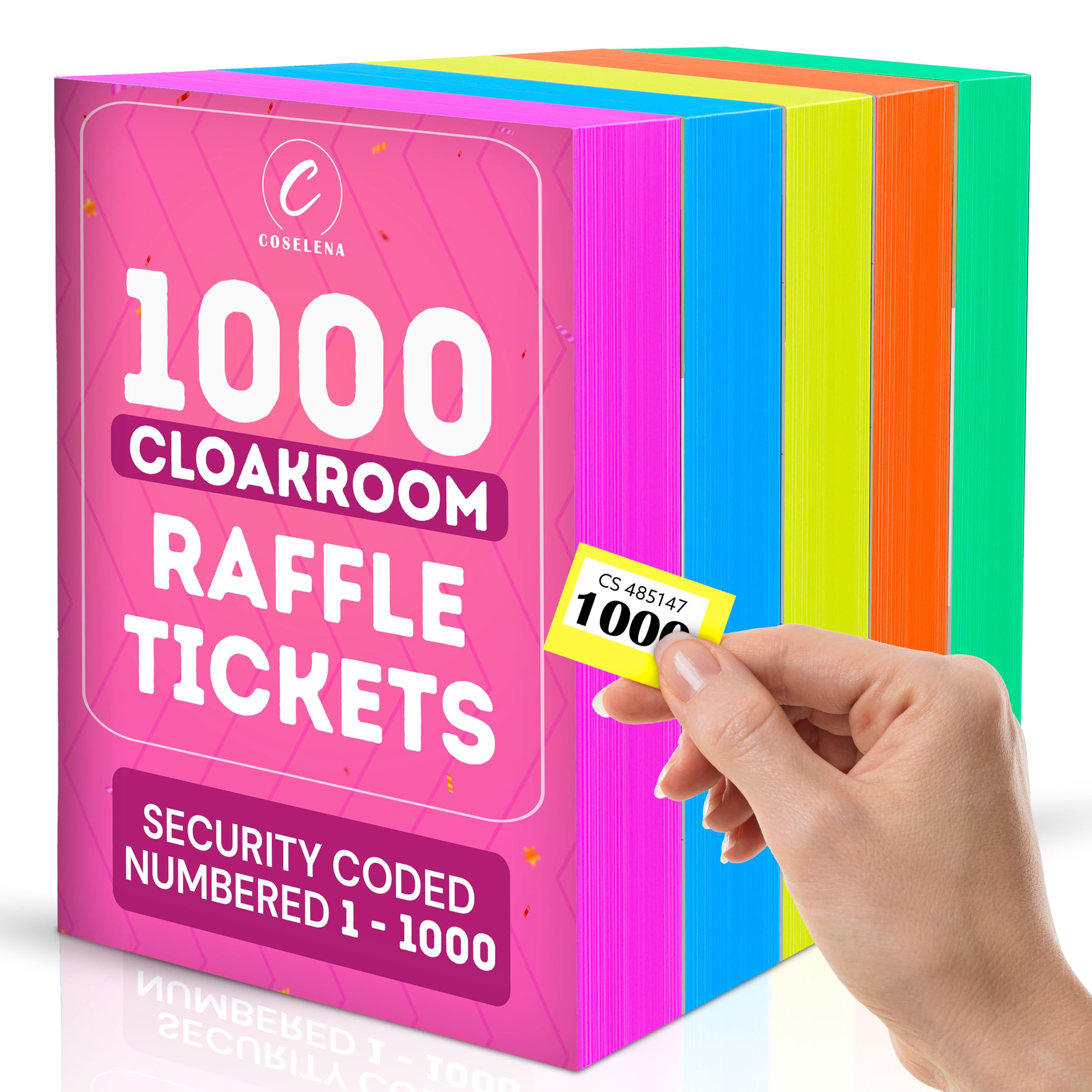 Coselena 5-Pack Numbered Raffle & Cloakroom Ticket Books | 1-1000 | Assorted Colors