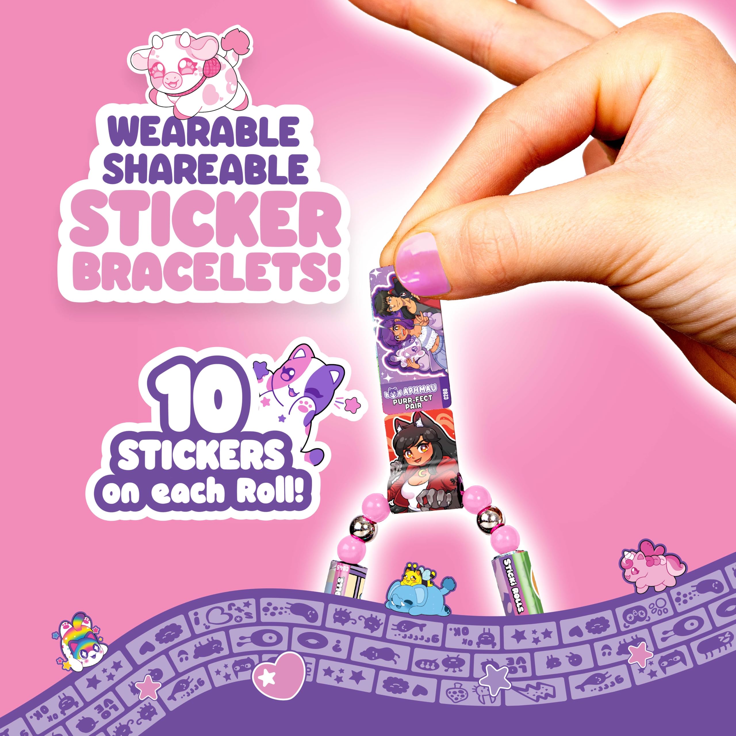 Sticki Rolls x Aphmau Pendant & Bracelet Set - Holographic Cat Sticker Dispenser with 120 Kawaii Foil Stickers
