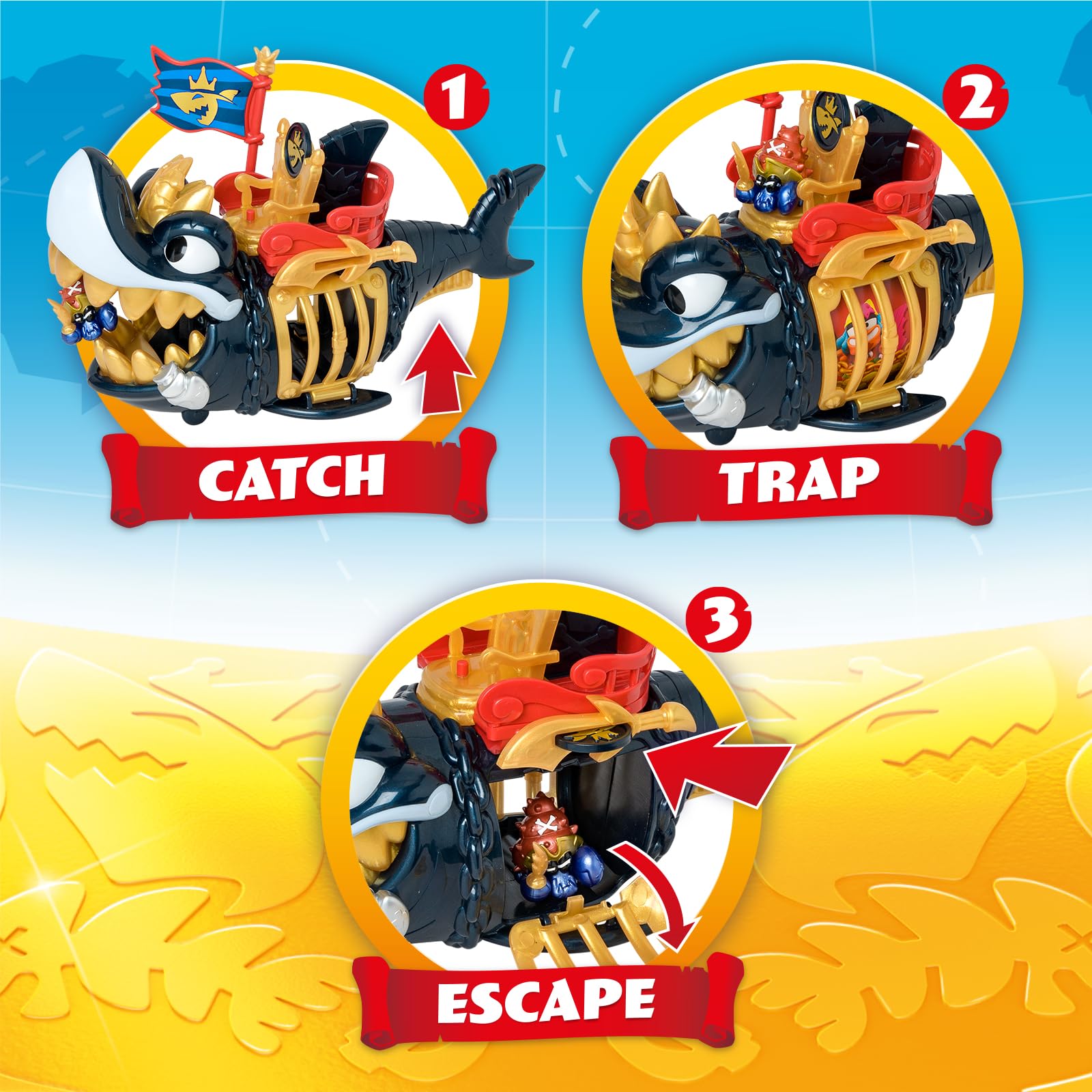 PIRATIX ADVENTURE WORLD King Shark Golden Teeth Playset | Articulated Shark with Cage | Includes Captain Hermitt Figure 7