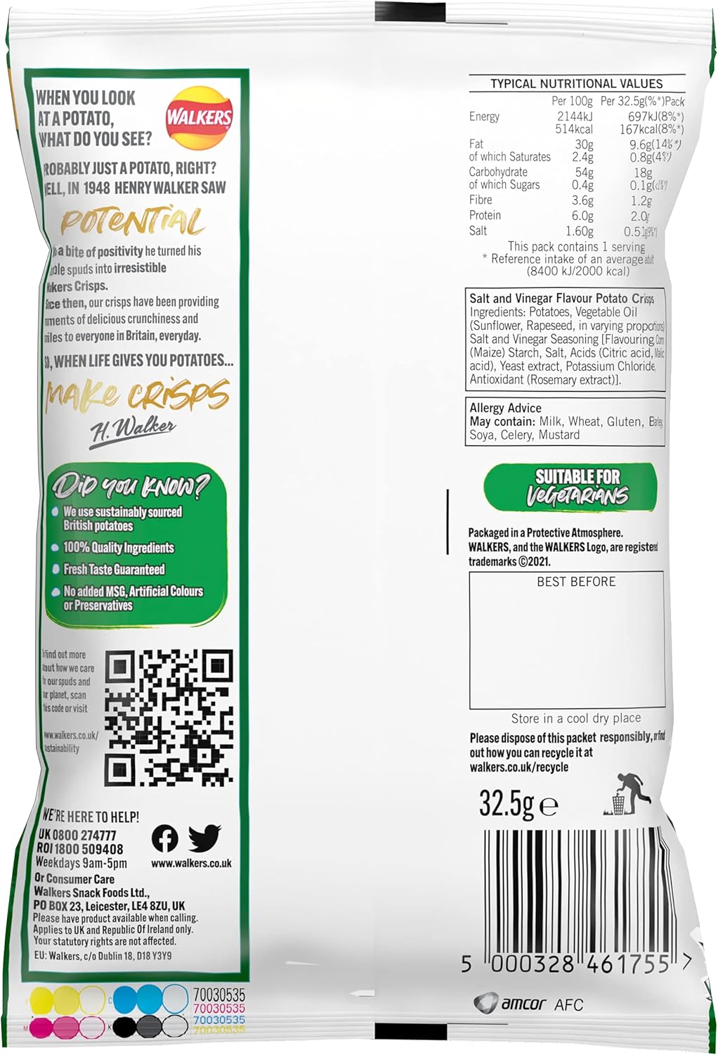 Walkers Salt &amp; Vinegar Chips 32,5 g (Karton mit 32 Stück) 8