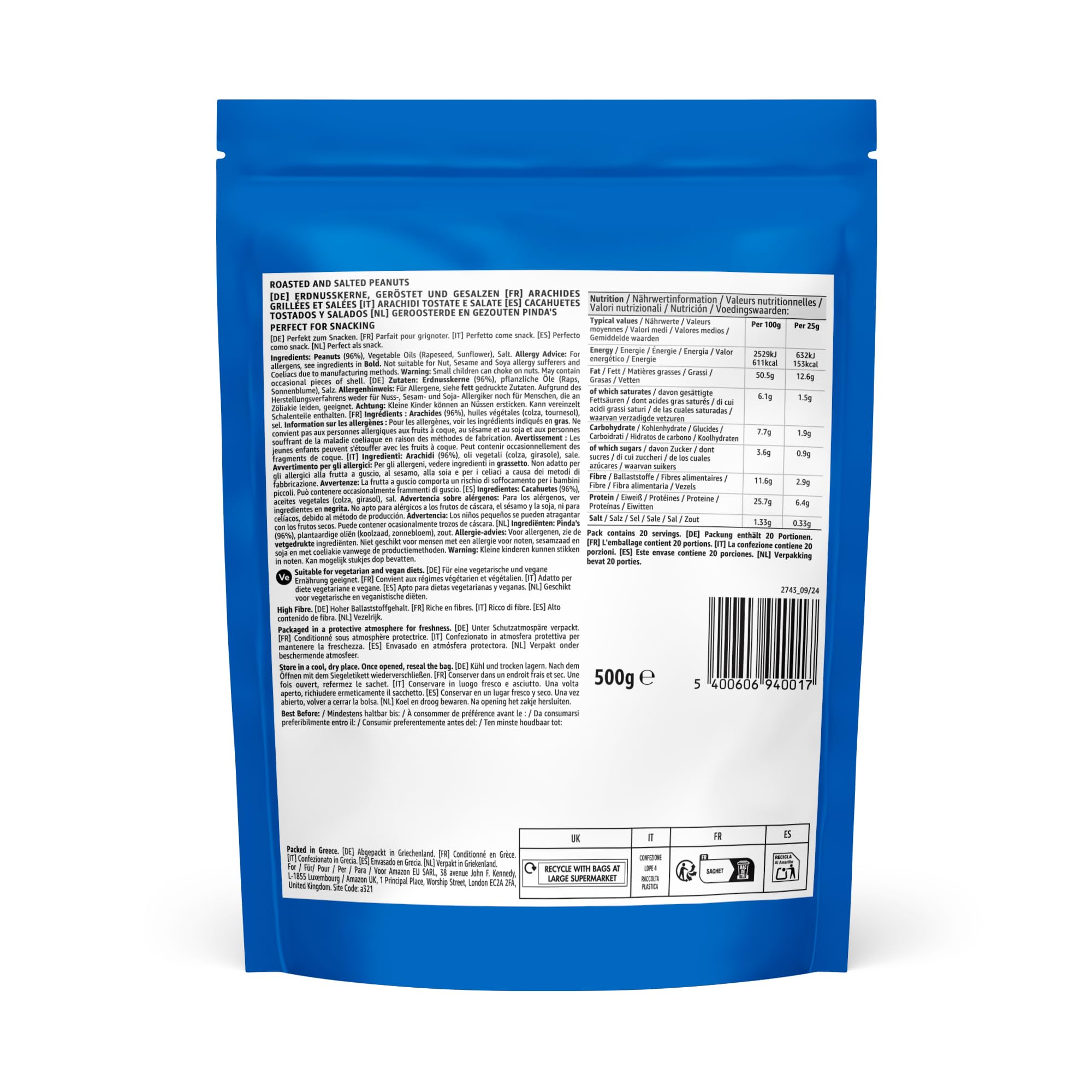 Amazon Roast and Salted Peanuts 500g - High Fibre, Vegetarian & Vegan Snack