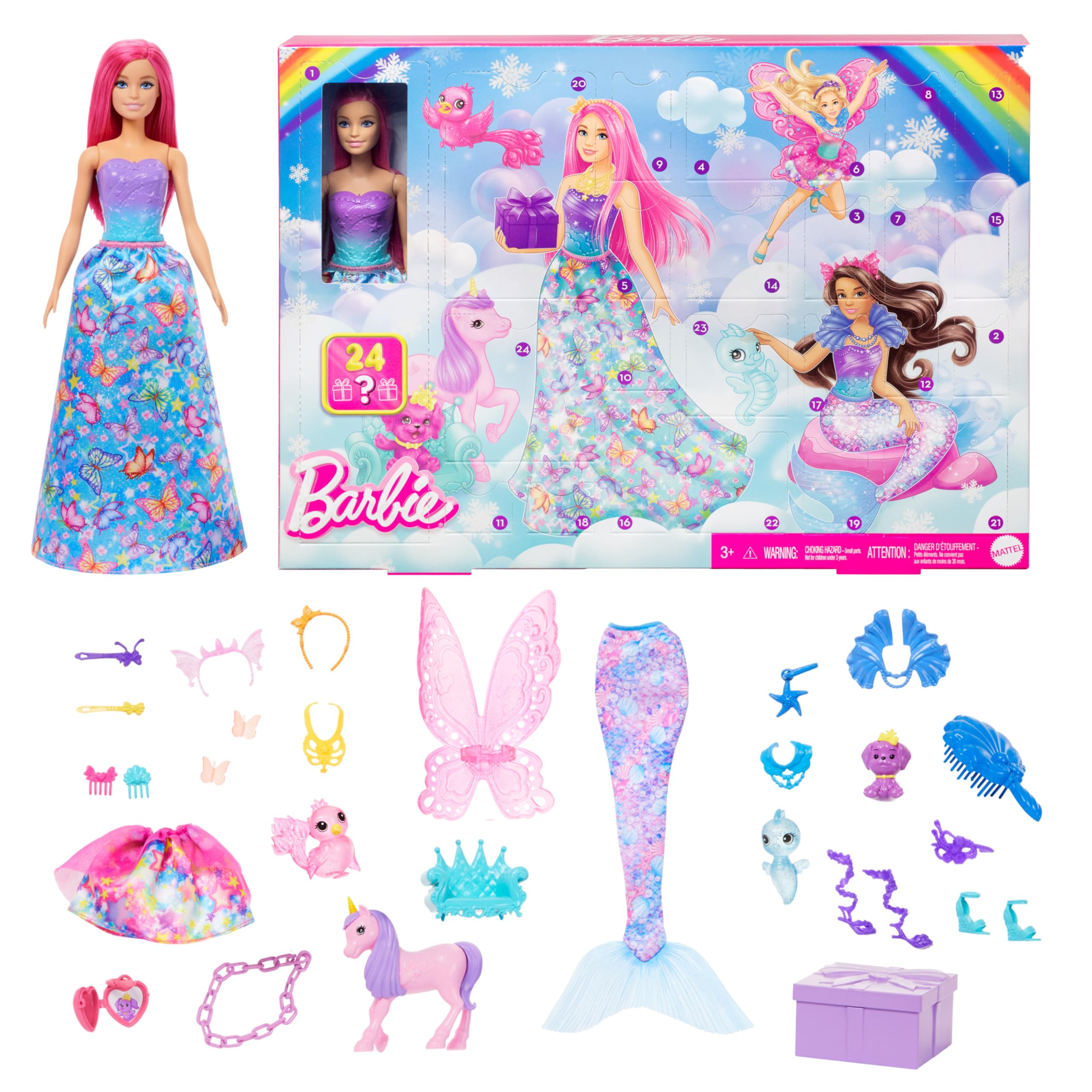 Barbie Advent Calendar with Doll & 24 Surprise Accessories - Mermaid, Fairy, Unicorn, 3 Pets, HRG90