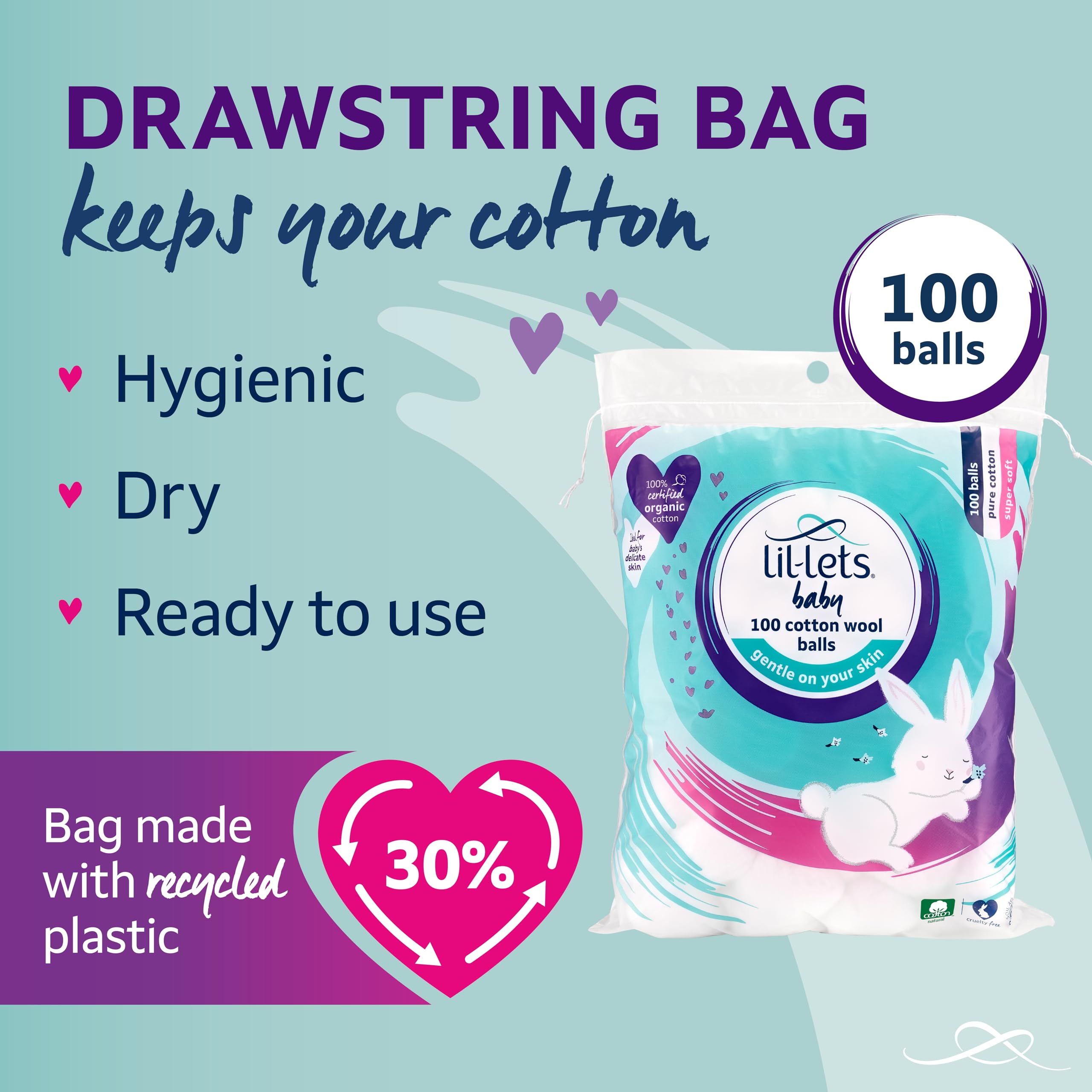 Lil-Lets Baby Cotton Wool Balls (100 Count) - 100% Pure Organic Cotton, GOTS Certified