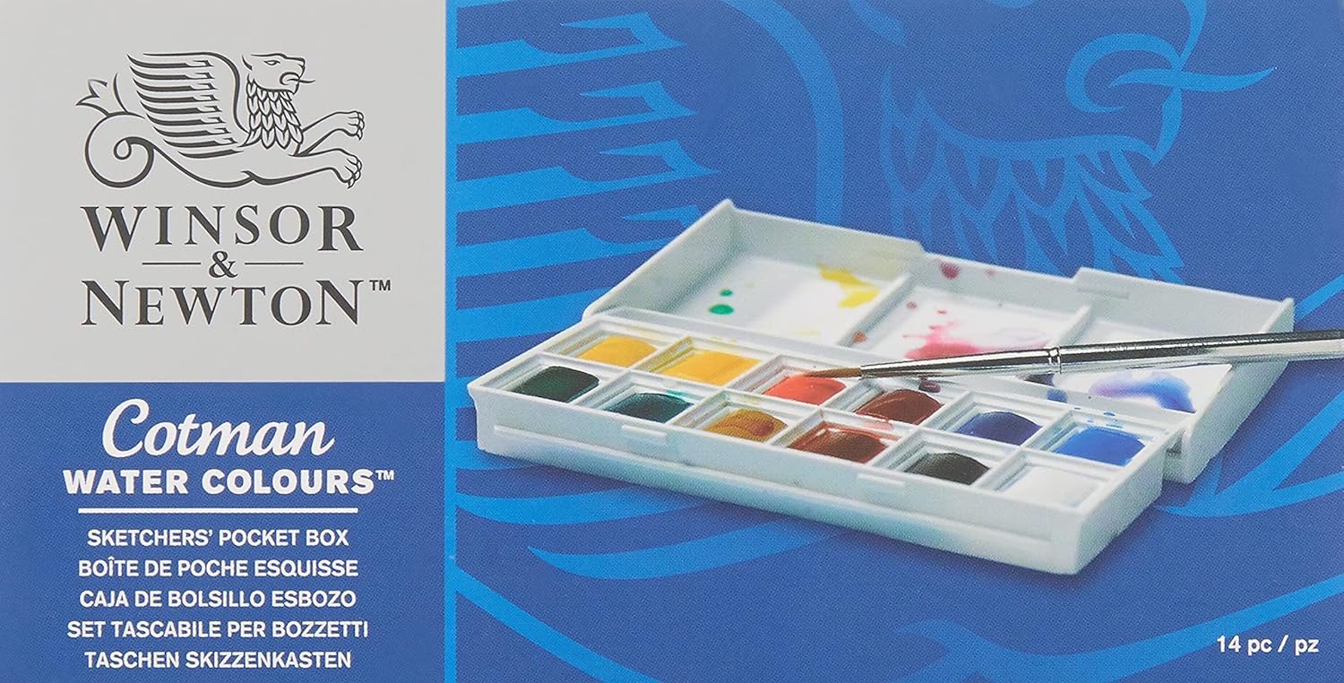 Winsor & Newton Cotman Watercolour Paint Set - Sketchers Pocket Box with 12 Half Pans and Travel Brush 10