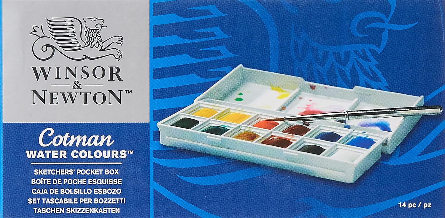 Winsor & Newton Cotman Watercolour Paint Set - Sketchers Pocket Box with 12 Half Pans and Travel Brush 11