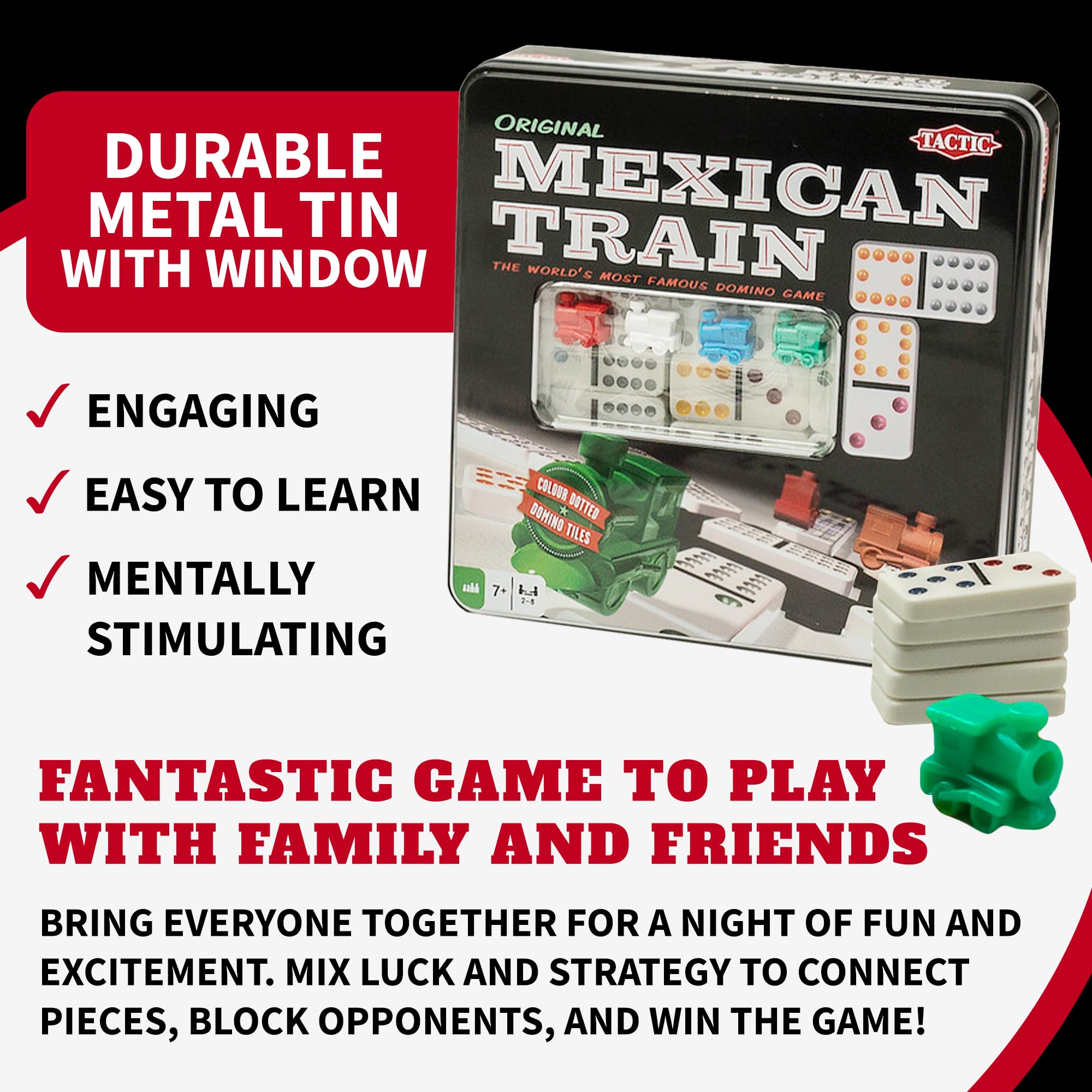 Tactic Mexican Train Double-Twelve Domino Game Set with 91 Tiles and Train Station Hub 12