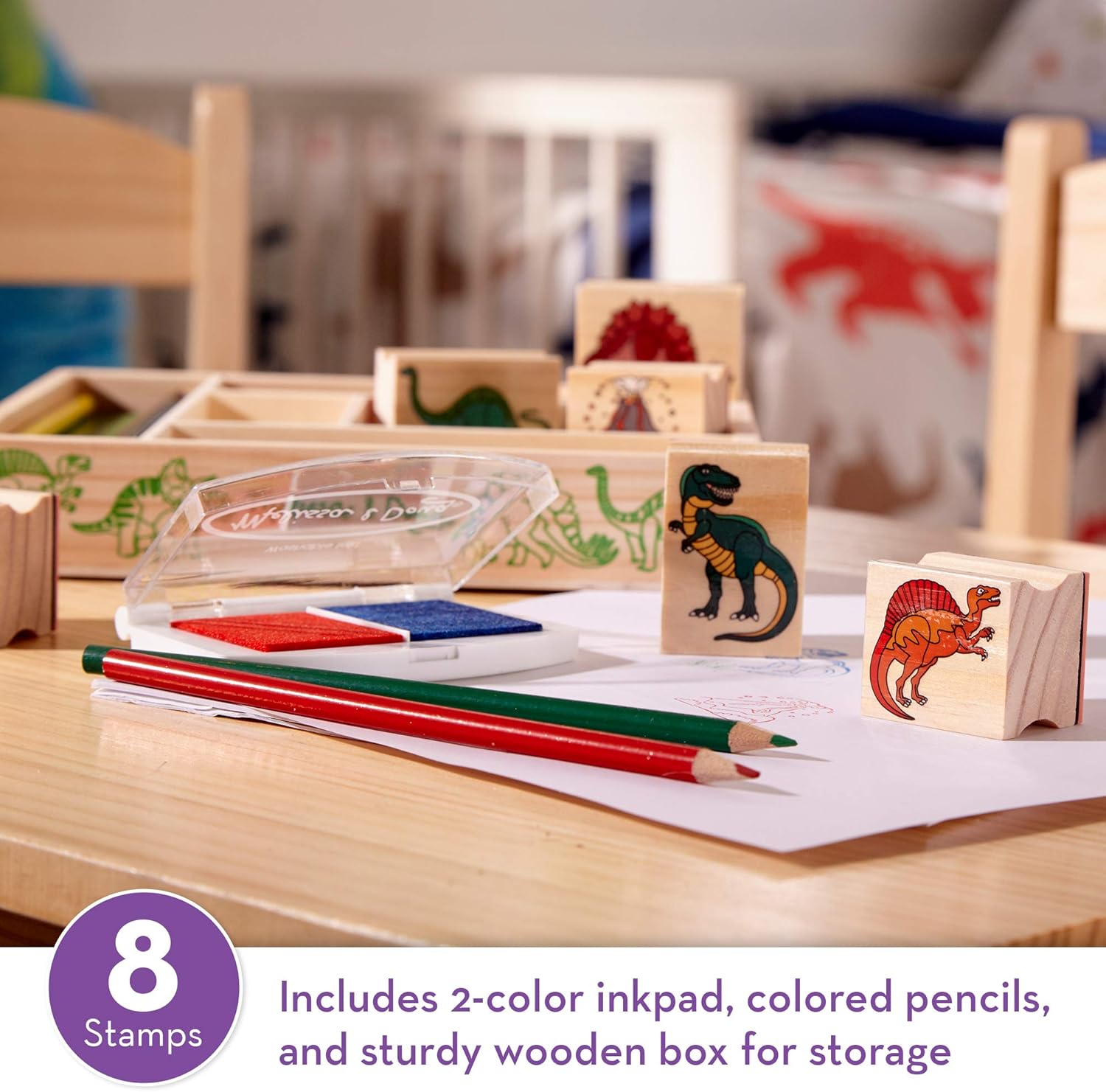 Melissa & Doug Dinosaur Stamp Set - 8 Stamps, 2-Color Inkpad & Colored Pencils, Ages 4+ 7