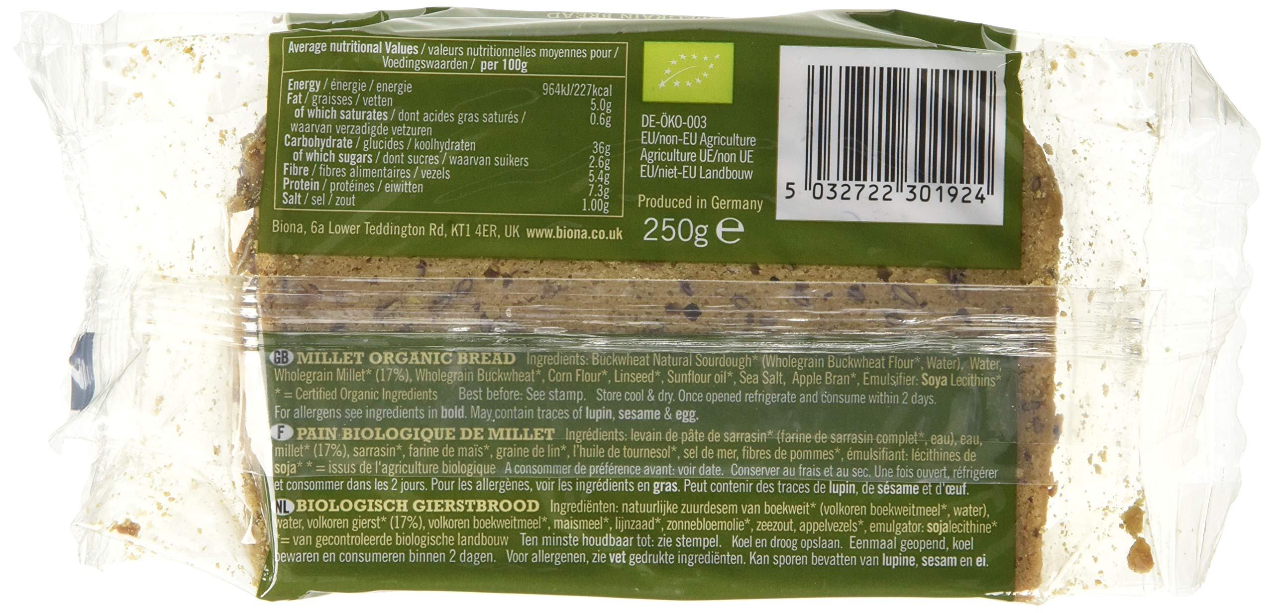 Biona Organic Millet Wholegrain Bread 250g - Gluten Free, Dairy Free, Yeast Free