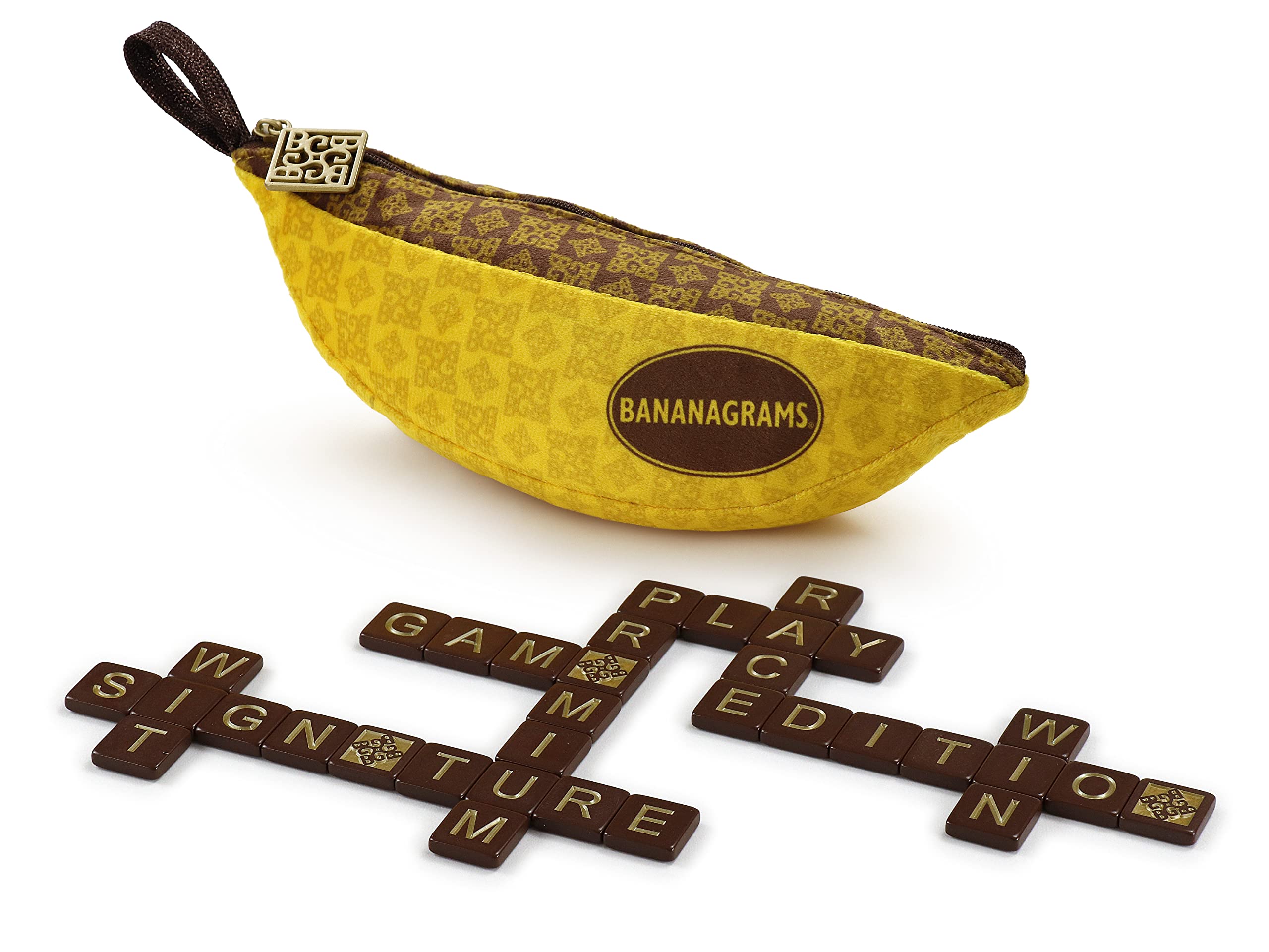 BANANAGRAMS Signature Edition Wortspiel – 144 Kacheln, 10 Luxe-Kacheln, Premium-Stoffbeutel – 1–8 Spieler 7