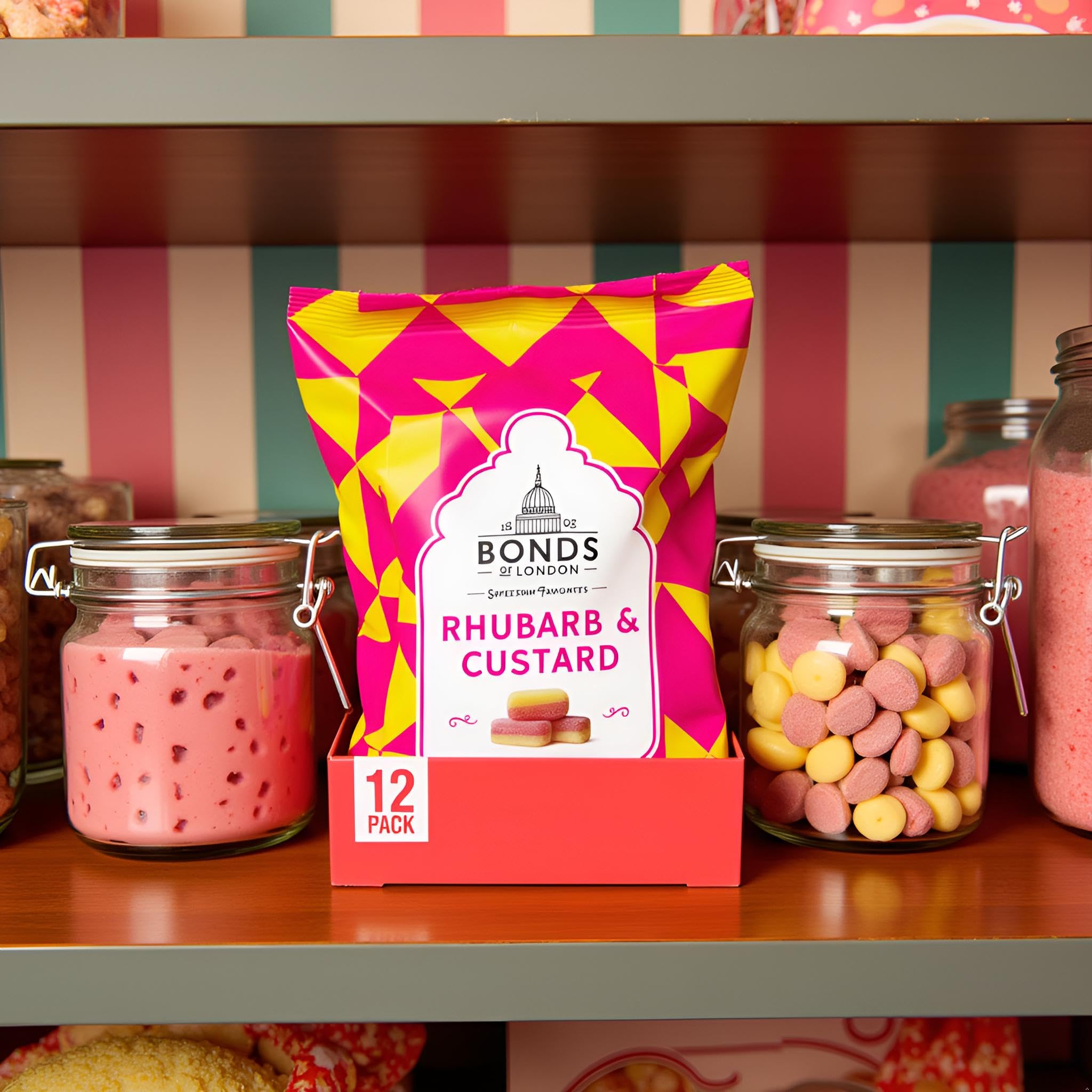 Bonds of London Rhubarb & Custard Boiled Sweets, Retro Gift Bags, Vegetarian Friendly, 130g (Pack of 12) 7