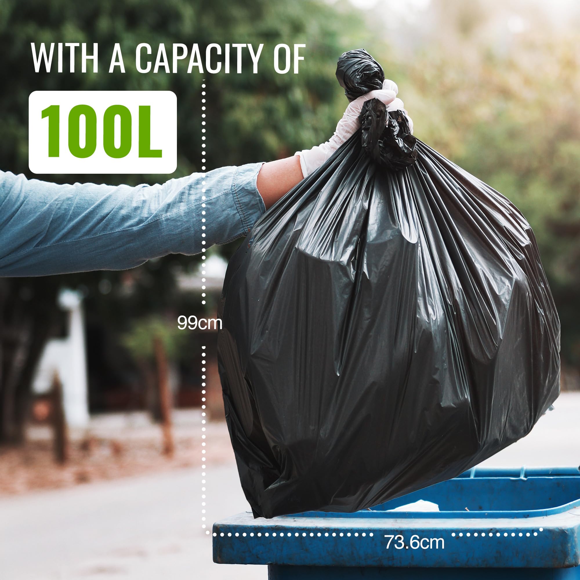 EcoBag Extra Strong Heavy Duty Refuse Sacks - 100L Capacity, 33 Microns, Black, 20 Pack