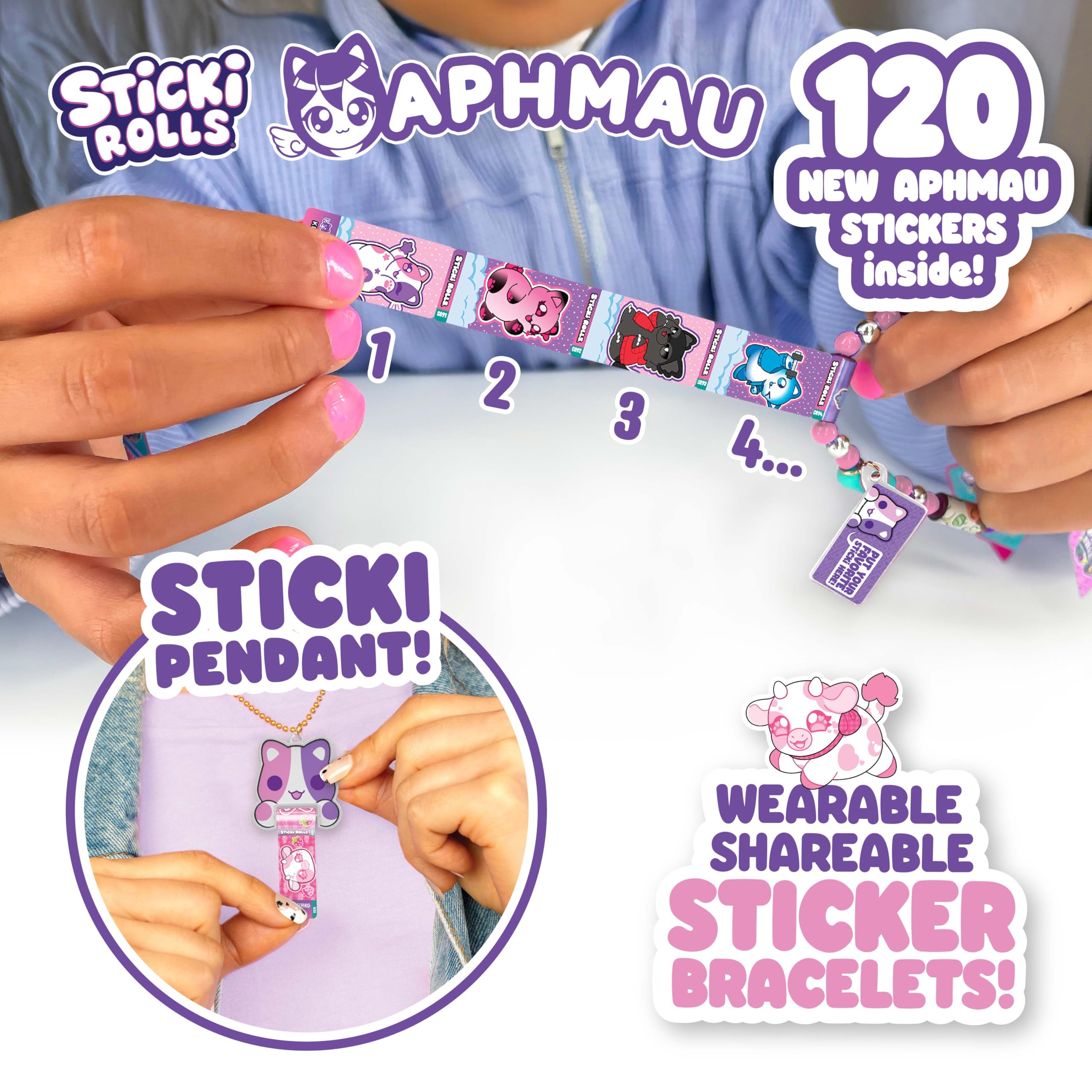 Sticki Rolls x Aphmau Pendant & Bracelet Set - Holographic Cat Sticker Dispenser with 120 Kawaii Foil Stickers 3