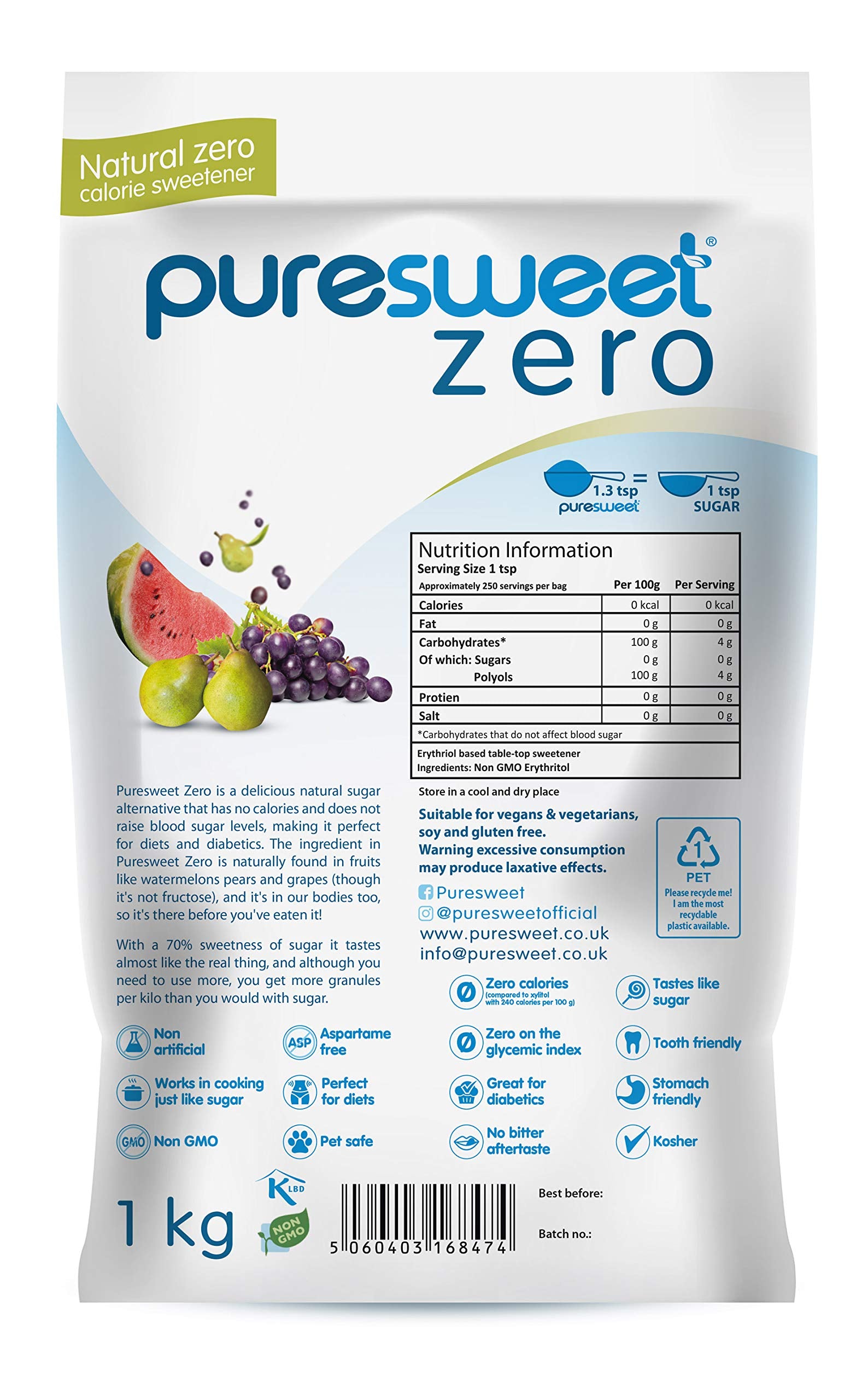 Puresweet Zero Natural Zero Calorie Sweetener - 1kg Erythritol Powder | Diabetic Friendly