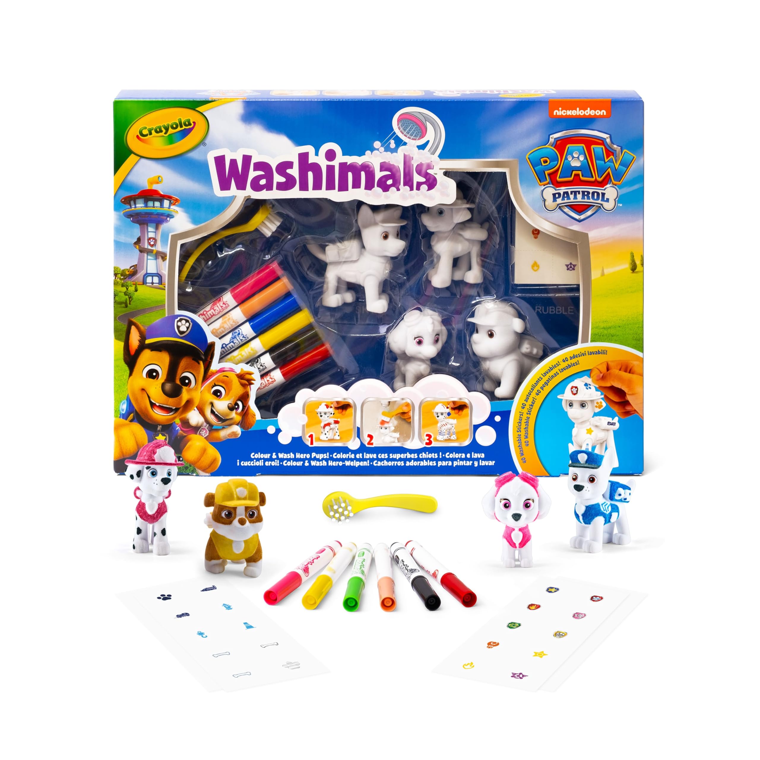 CRAYOLA Washimals Paw Patrol Activity Set - 4 Washable Plush Puppies, 6 Markers & Stickers for Creative Play