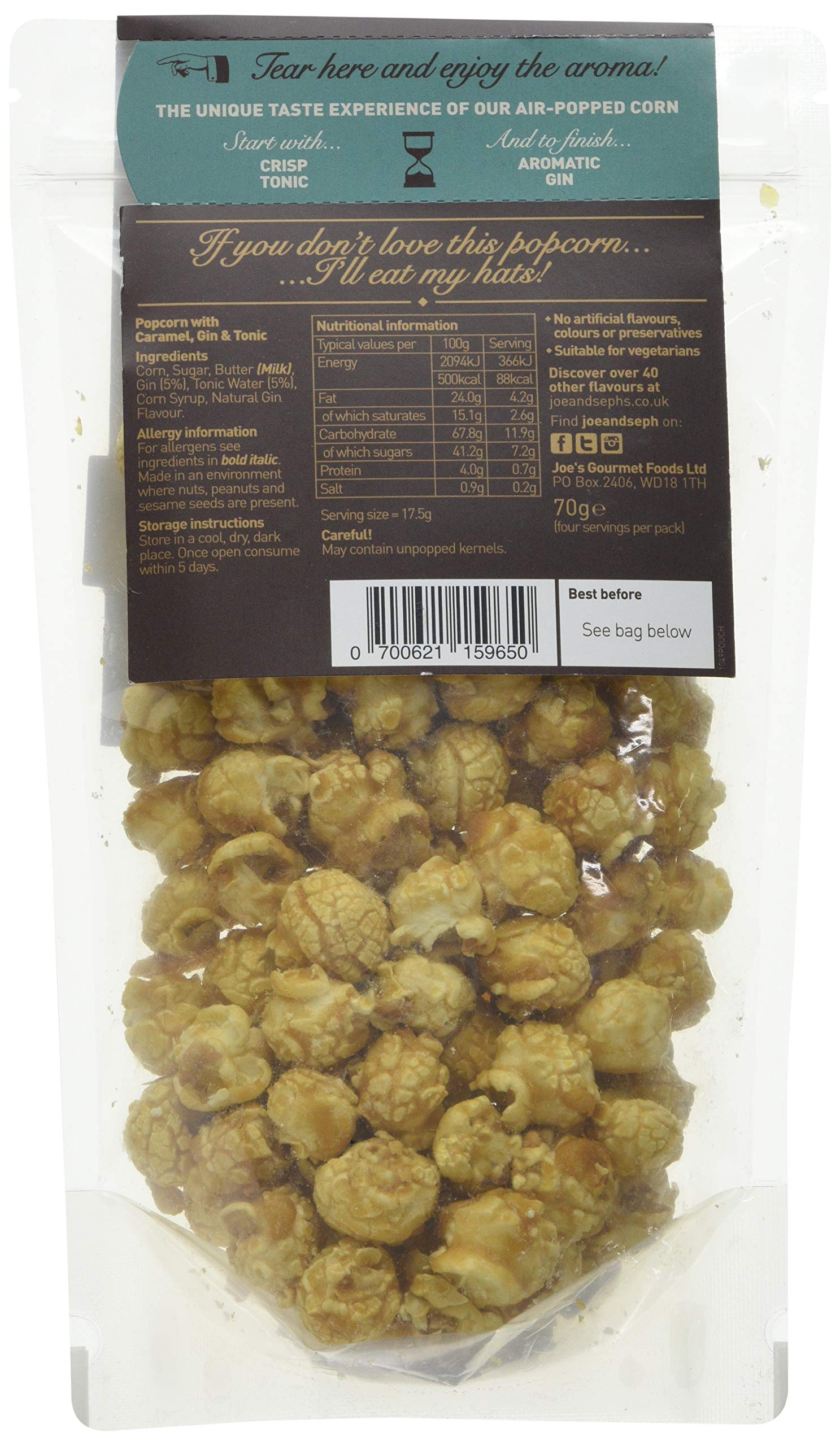 Joe & Seph's Gin & Tonic Popcorn Pouch, 70g - Handmade UK Snack with Natural Ingredients