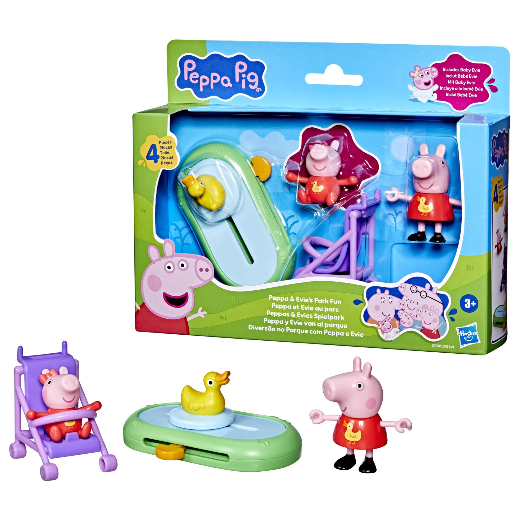 Peppa Pig Peppa and Evie's Park Fun Playset - 4-Piece Playset with Figures, Stroller & Duck Pond for Ages 3+ 9