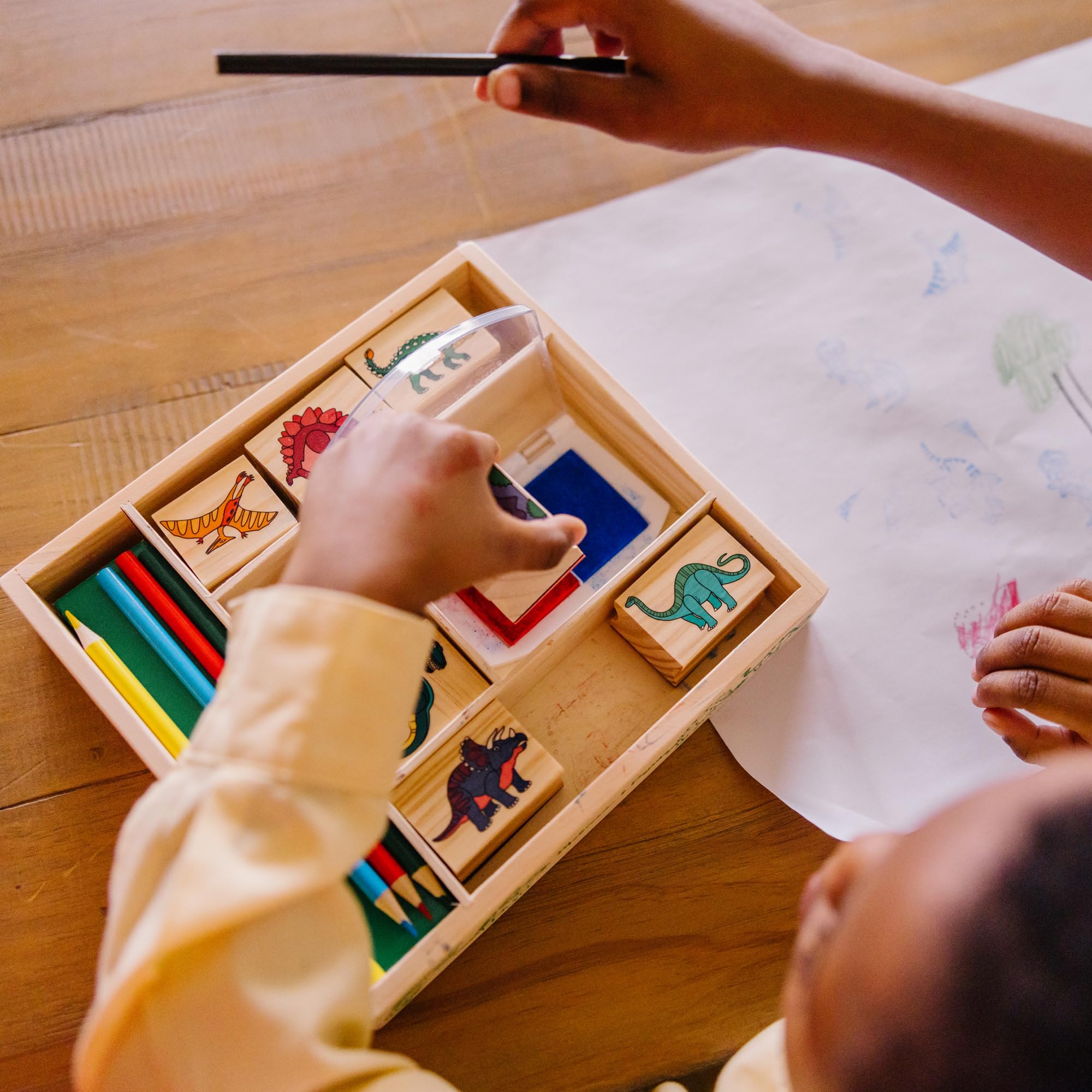 Melissa & Doug Dinosaur Stamp Set - 8 Stamps, 2-Color Inkpad & Colored Pencils, Ages 4+ 13