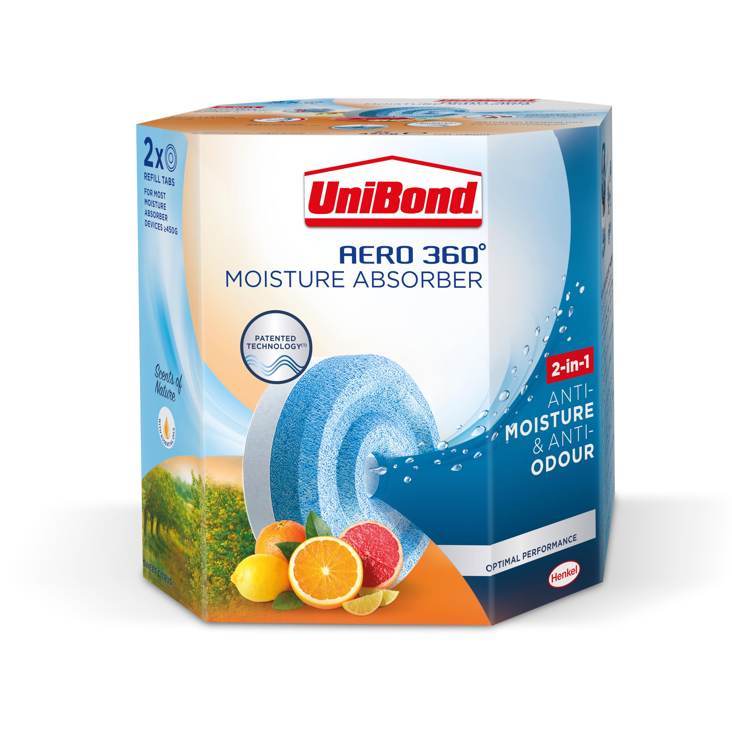 Unibond AERO 360° Moisture Absorber Refill Tab - Citrus Scent | 2 x 450g Tabs