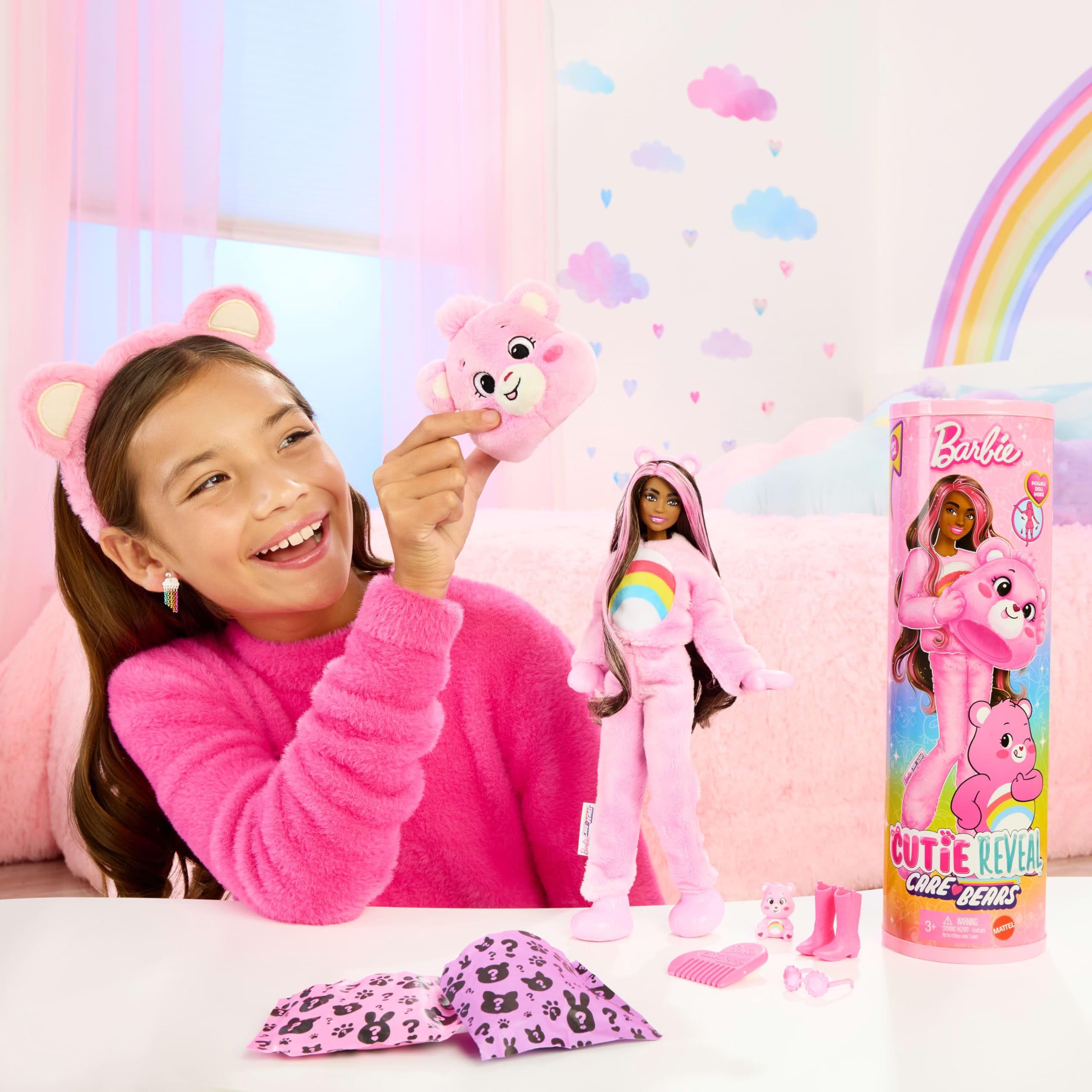 Barbie Cutie Reveal Care Bears Series Doll & Accessories Set - Cheer Bear with Transforming Costume & 10 Surprises 5