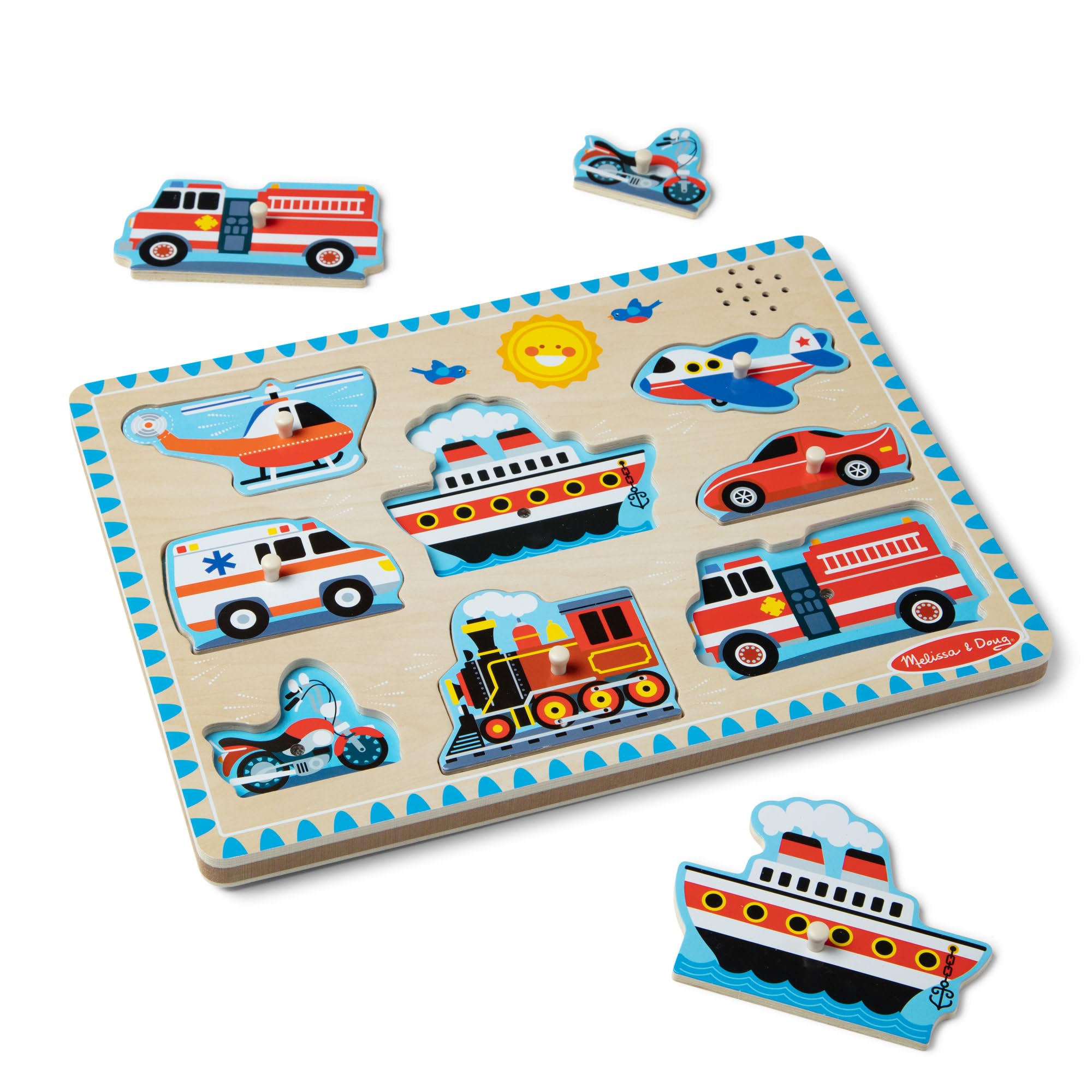 Melissa & Doug Vehicles Wooden Peg Puzzle - Sound-Enhanced Learning Toy for 2+ Year Olds 10