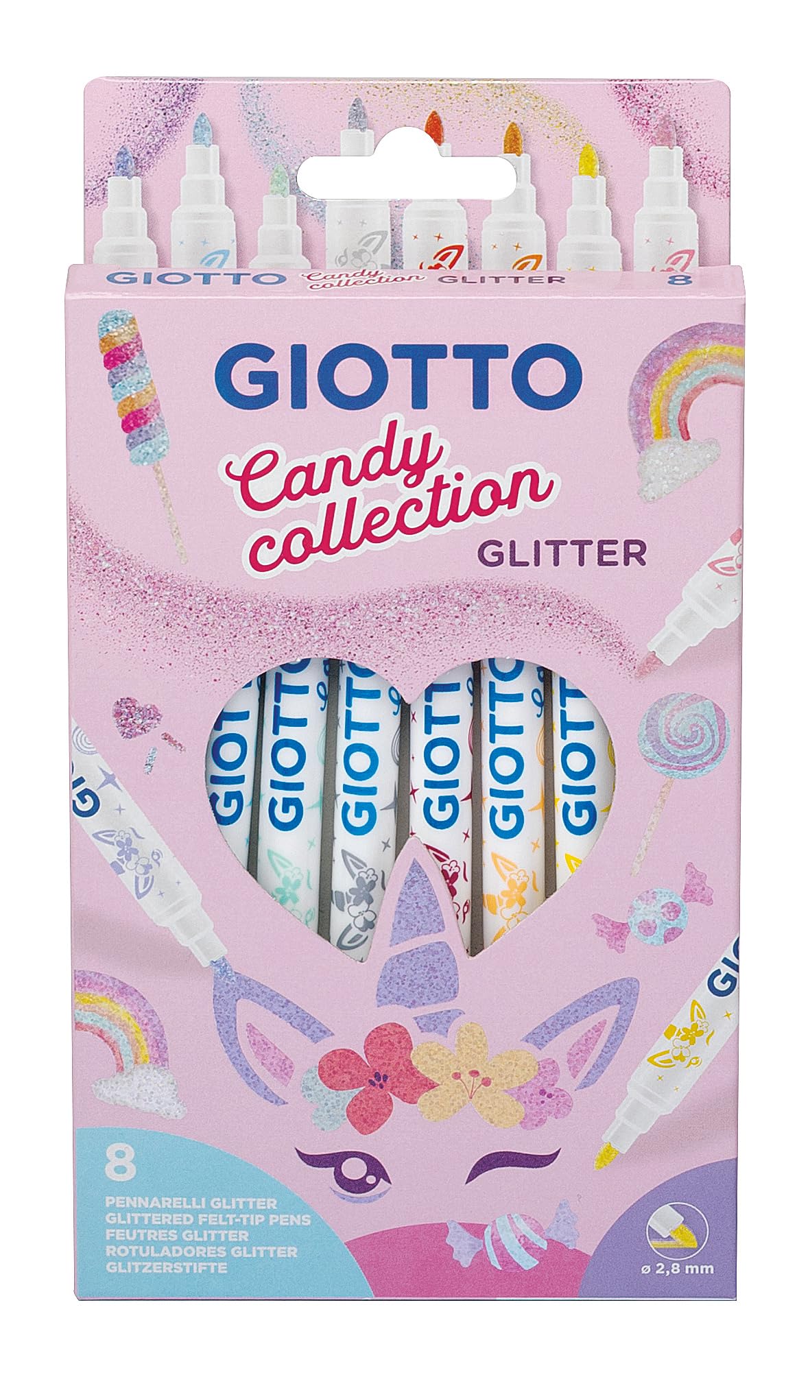 GIOTTO Turbo Glitter Felt Tip Pens - 8 Assorted Pastel Glitter Colours | Fine Tip | Washable Ink