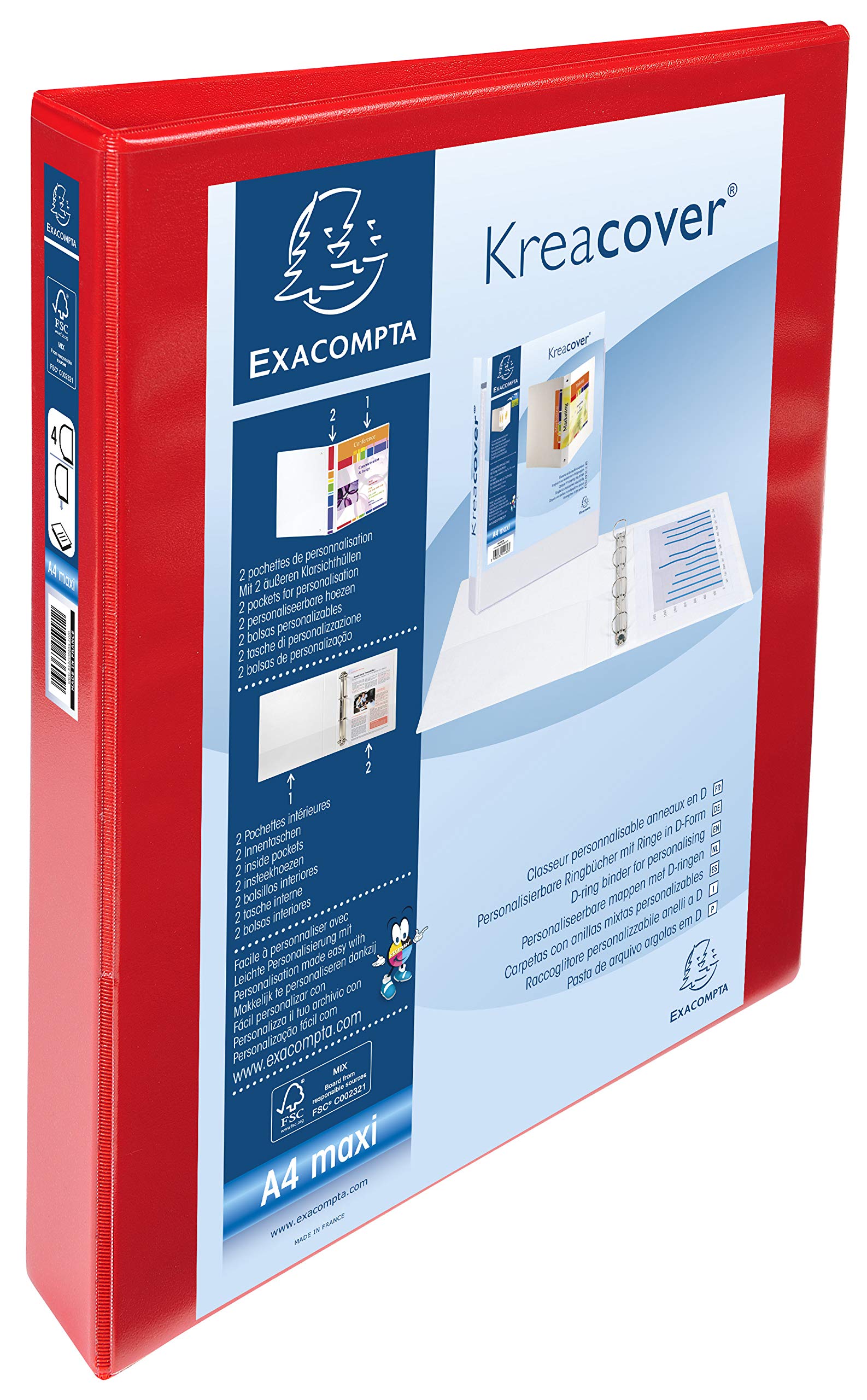 Exacompta Kreacover D-Ring Binder - Customizable, Rigid PP, 4 D-Rings, 47mm Spine, A4 Maxi | Red 1