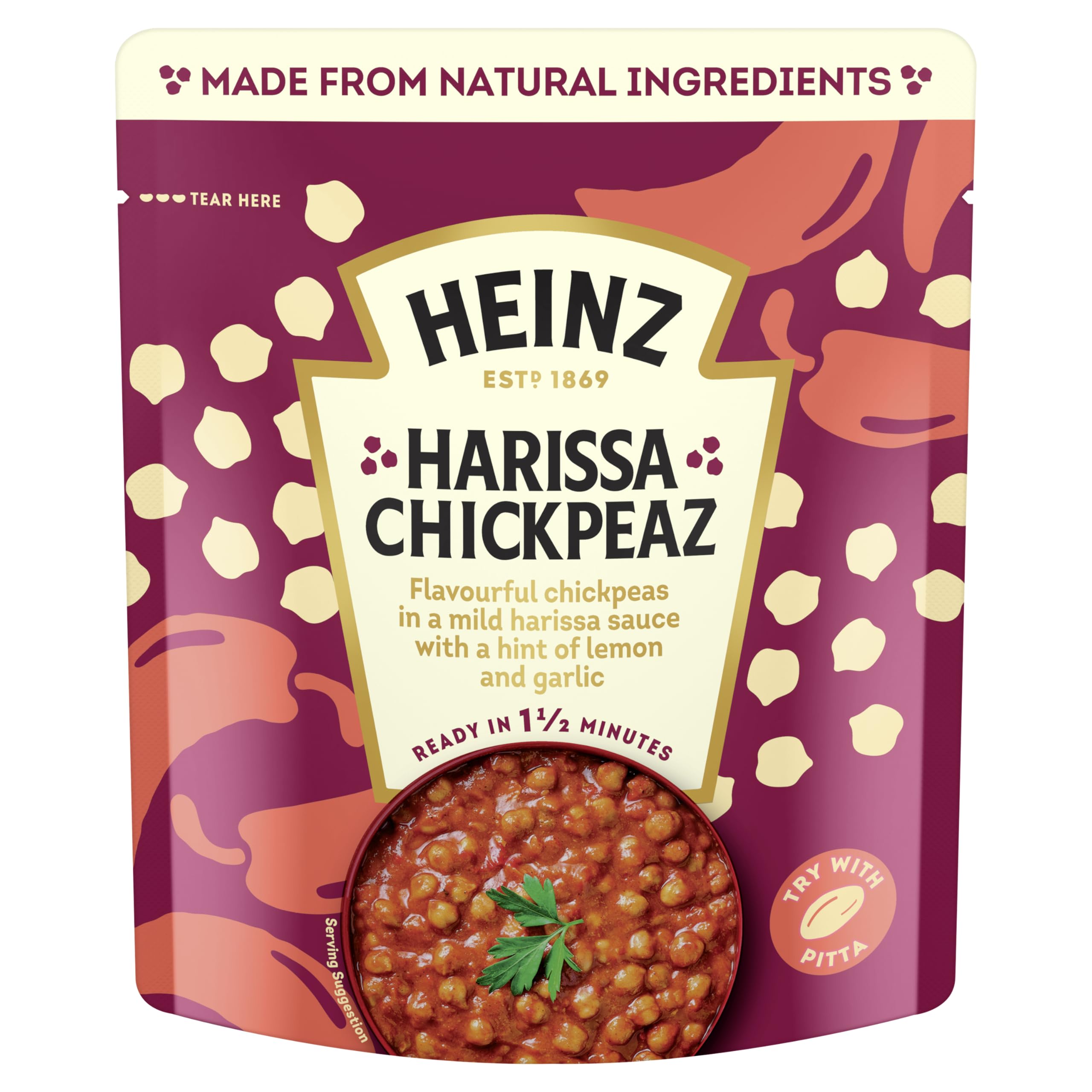 HEINZ Harissa Chickpeas with Peppers and Garlic - Instant Meal for One | Ready in 1.5 Mins | Source of Protein