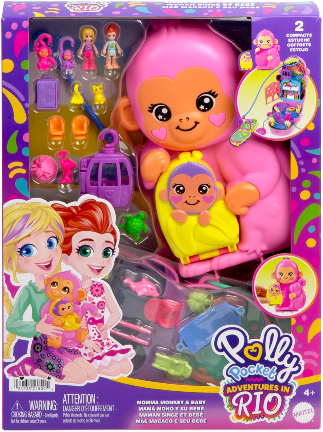 Polly Pocket Momma Monkey & Baby Playset - 2-in-1 Jungle Adventure with 14 Pieces 6