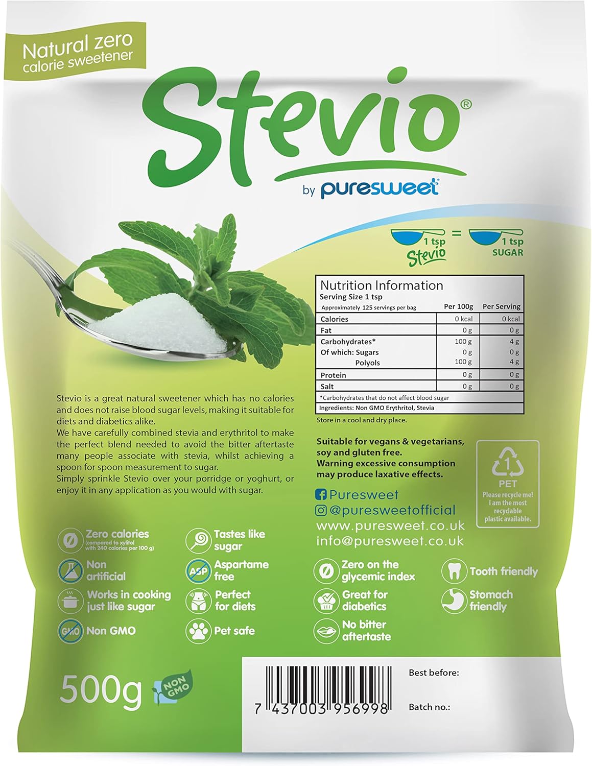 Stevio® Premium Stevia Sweetener 500g - Sugar Taste, Diabetic & Keto Friendly