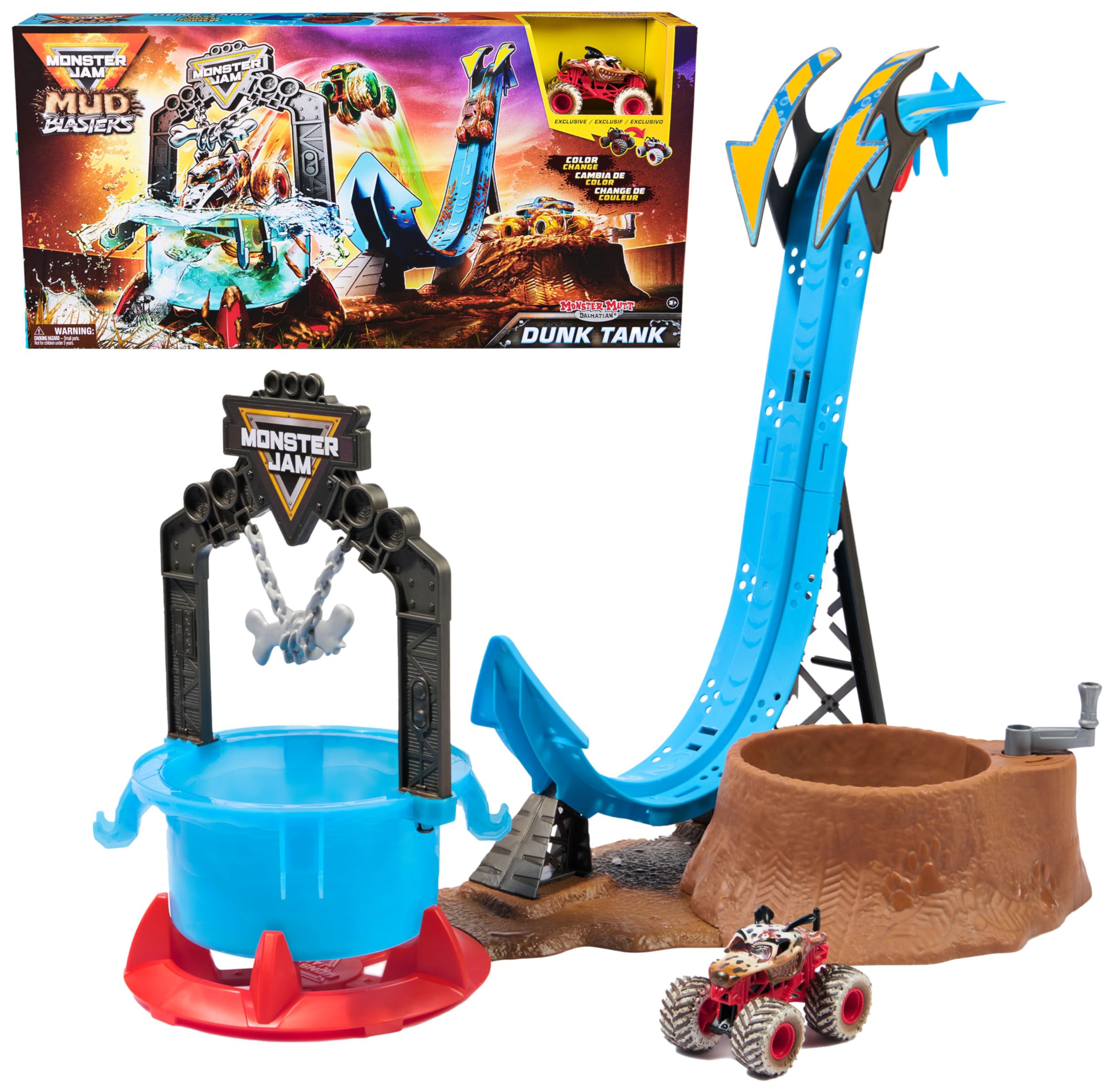 Monster Jam Mud Blasters Monster Mutt Dalmatian Dunk Tank Playset - Color Change Action Playset for Kids