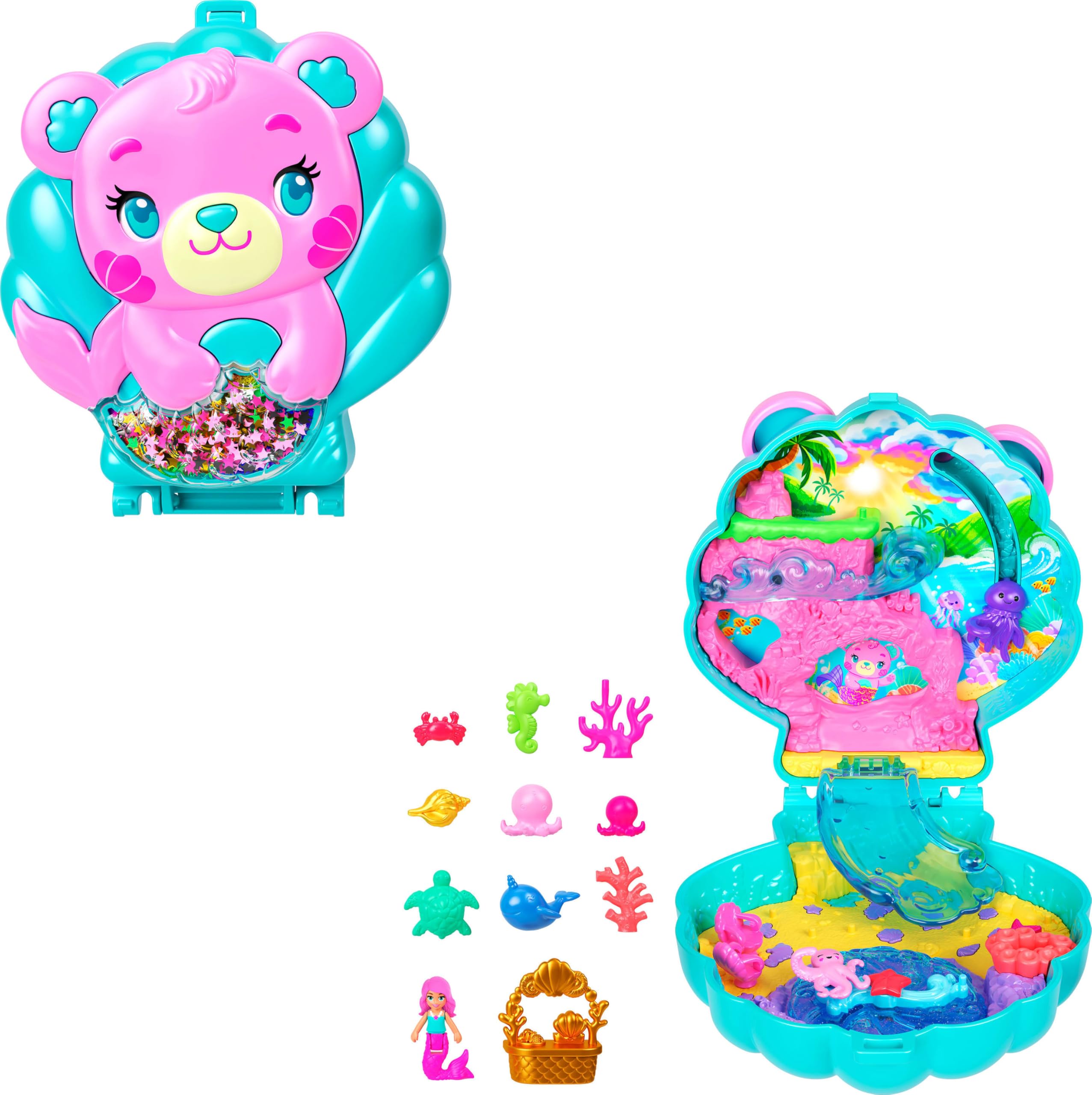 Polly Pocket Glitter Island Compact Playset - Mermaid Adventure with 11 Accessories