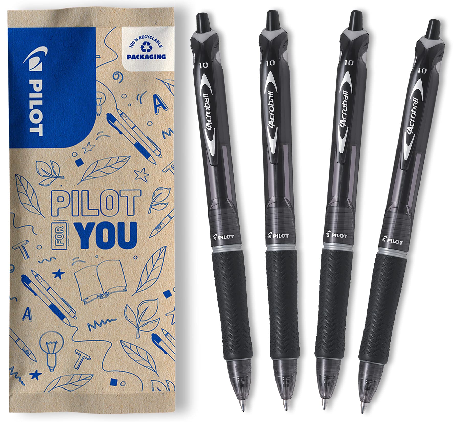 PILOT Acroball Retractable Ballpoint Pen - Black Ink, 1.0mm Medium Tip | Pack of 4 1