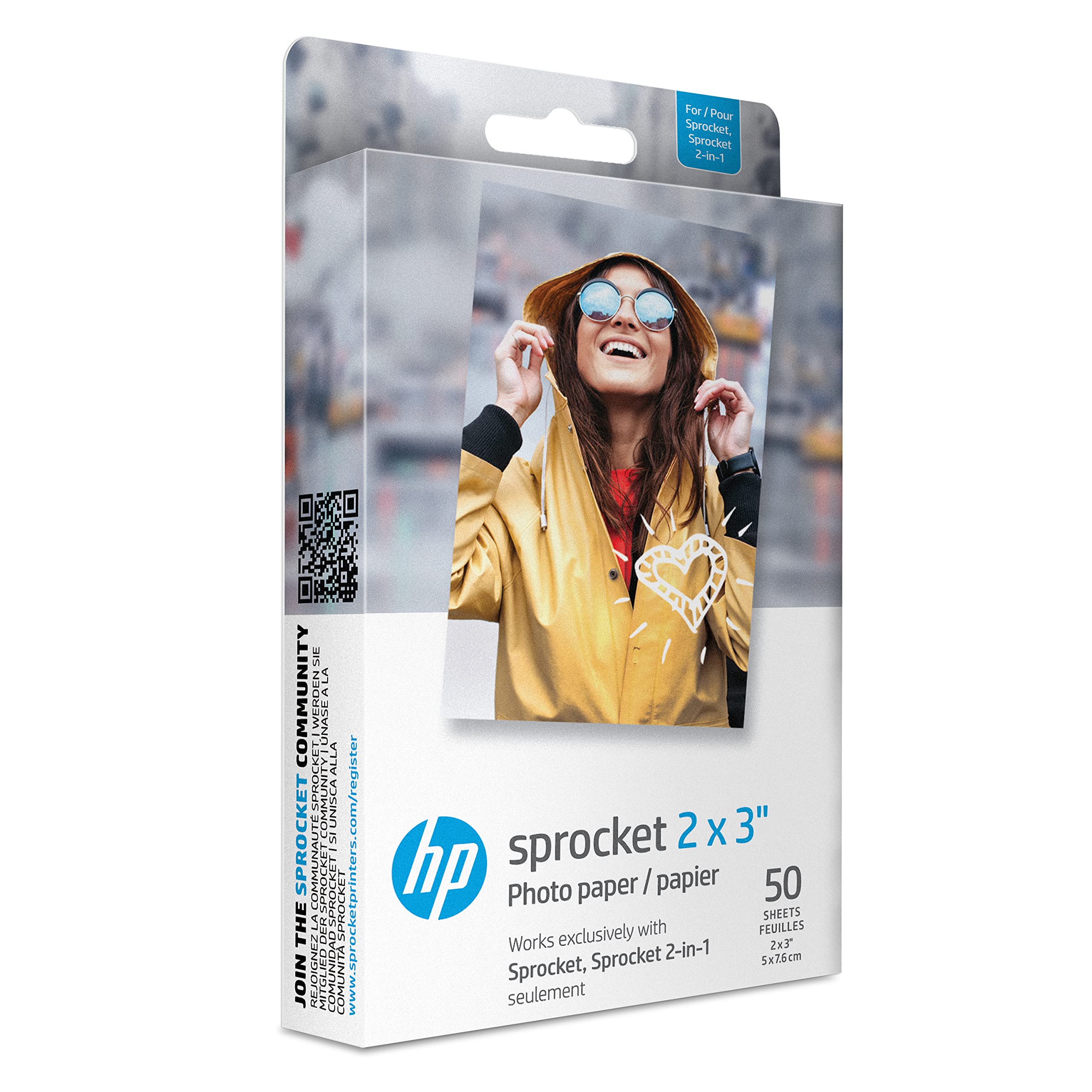 HP Sprocket 2x3 inch Premium Zink Sticky Back Photo Paper, 50 Sheets, White