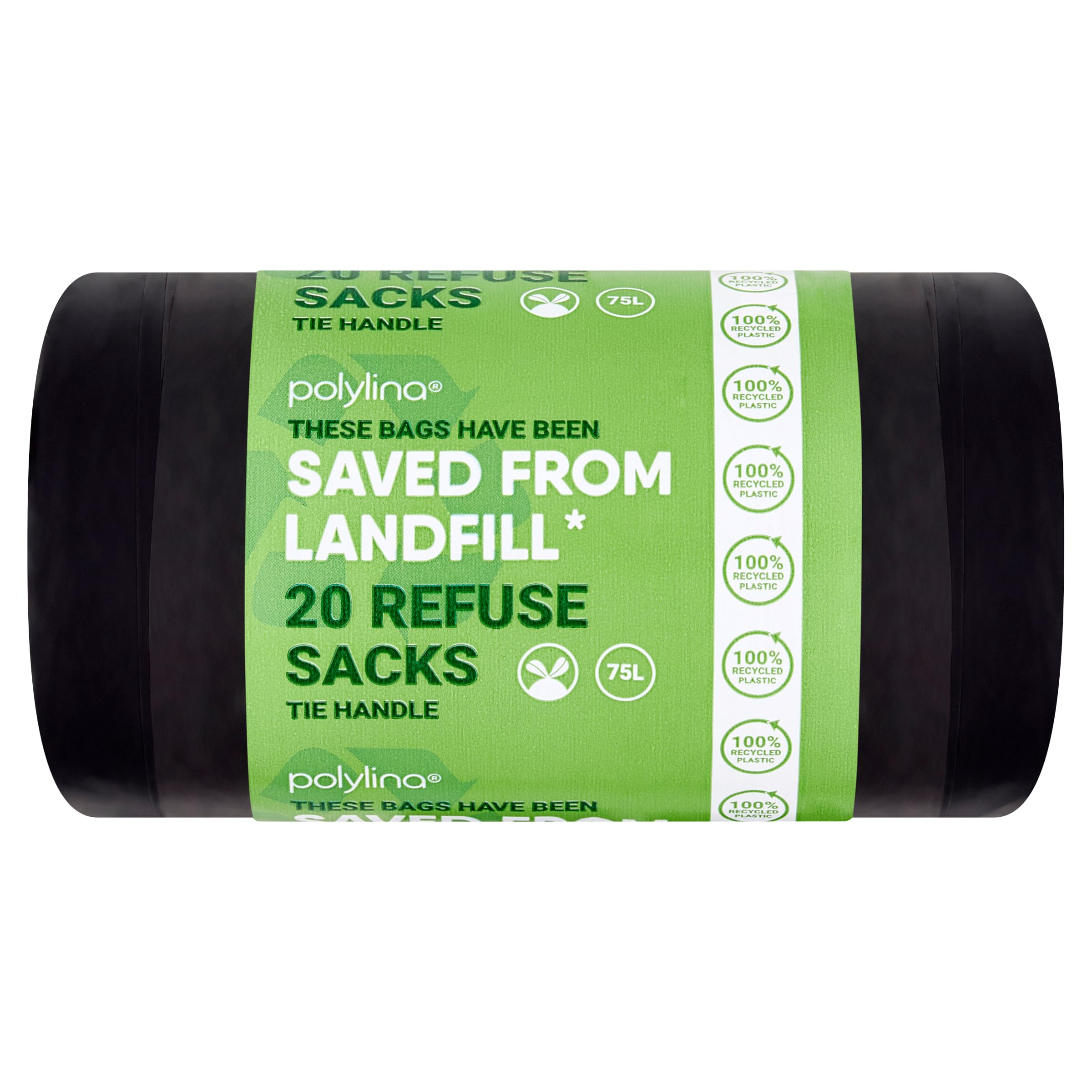 Polylina - 75 Litre Black Bin Liners | 20 Tie Handle Refuse Sacks | 100% Recycled Plastic