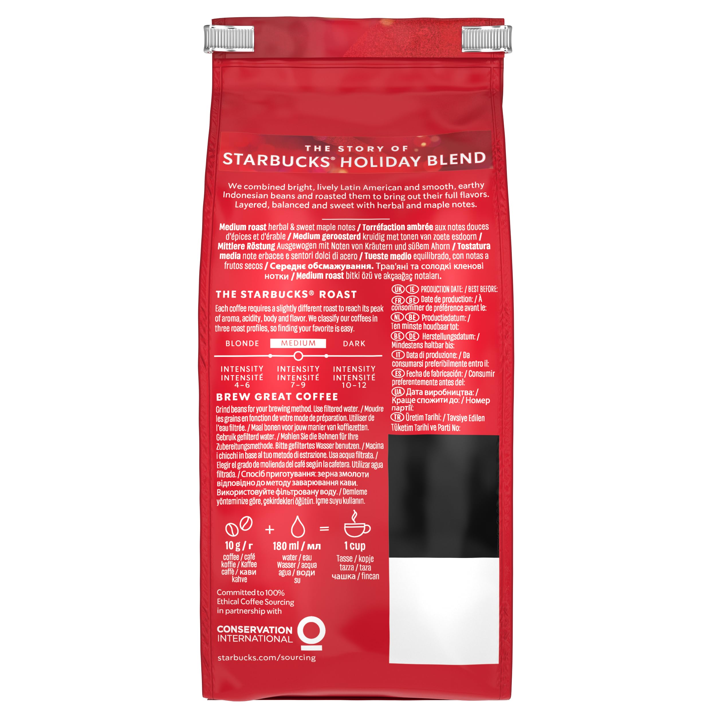 STARBUCKS Holiday Blend Medium Roast Whole Bean Coffee 190g (Pack of 6) 6