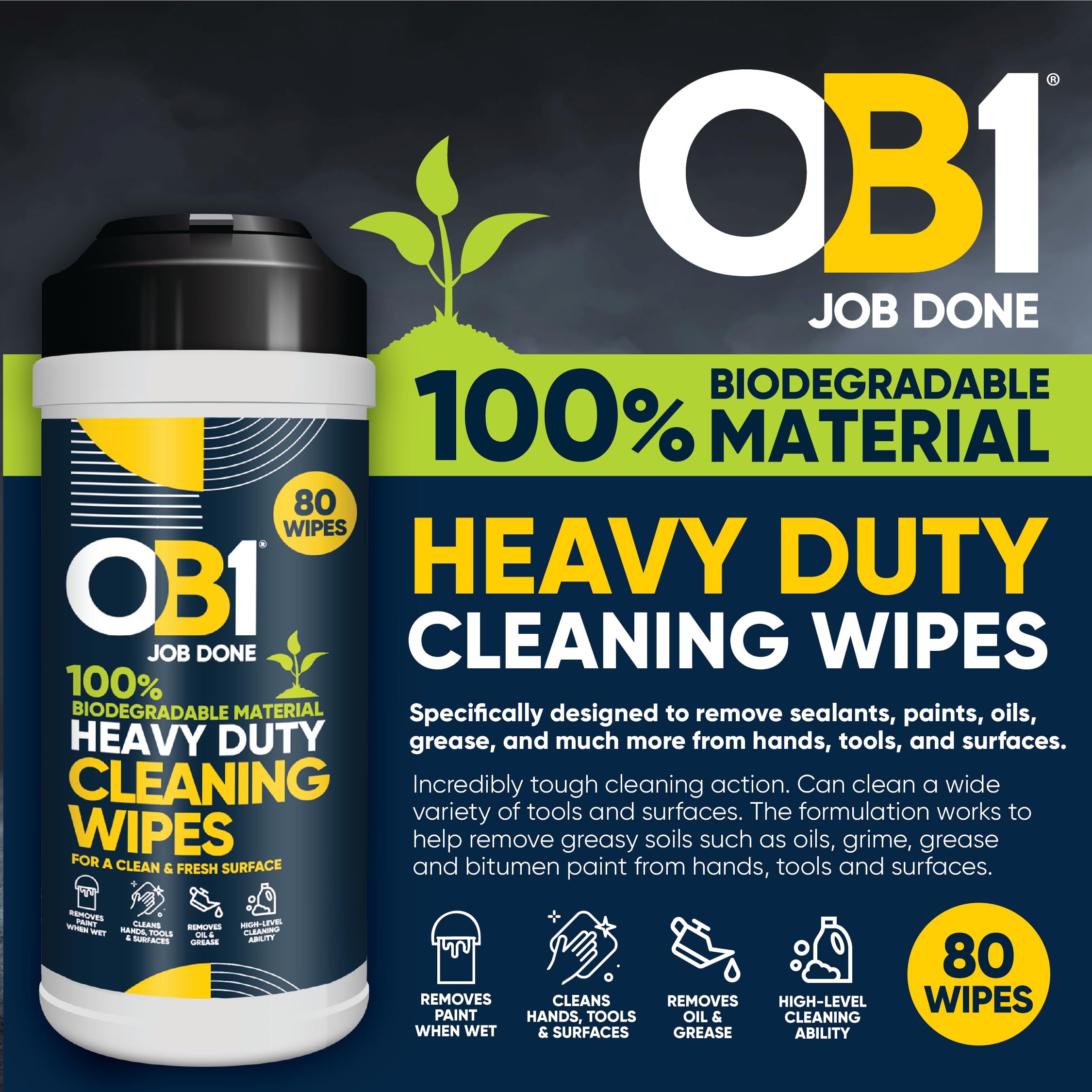 OB1 Heavy Duty Biodegradable Cleaning Wipes – 80 Count, Citrus Scent, For Hands & Tools