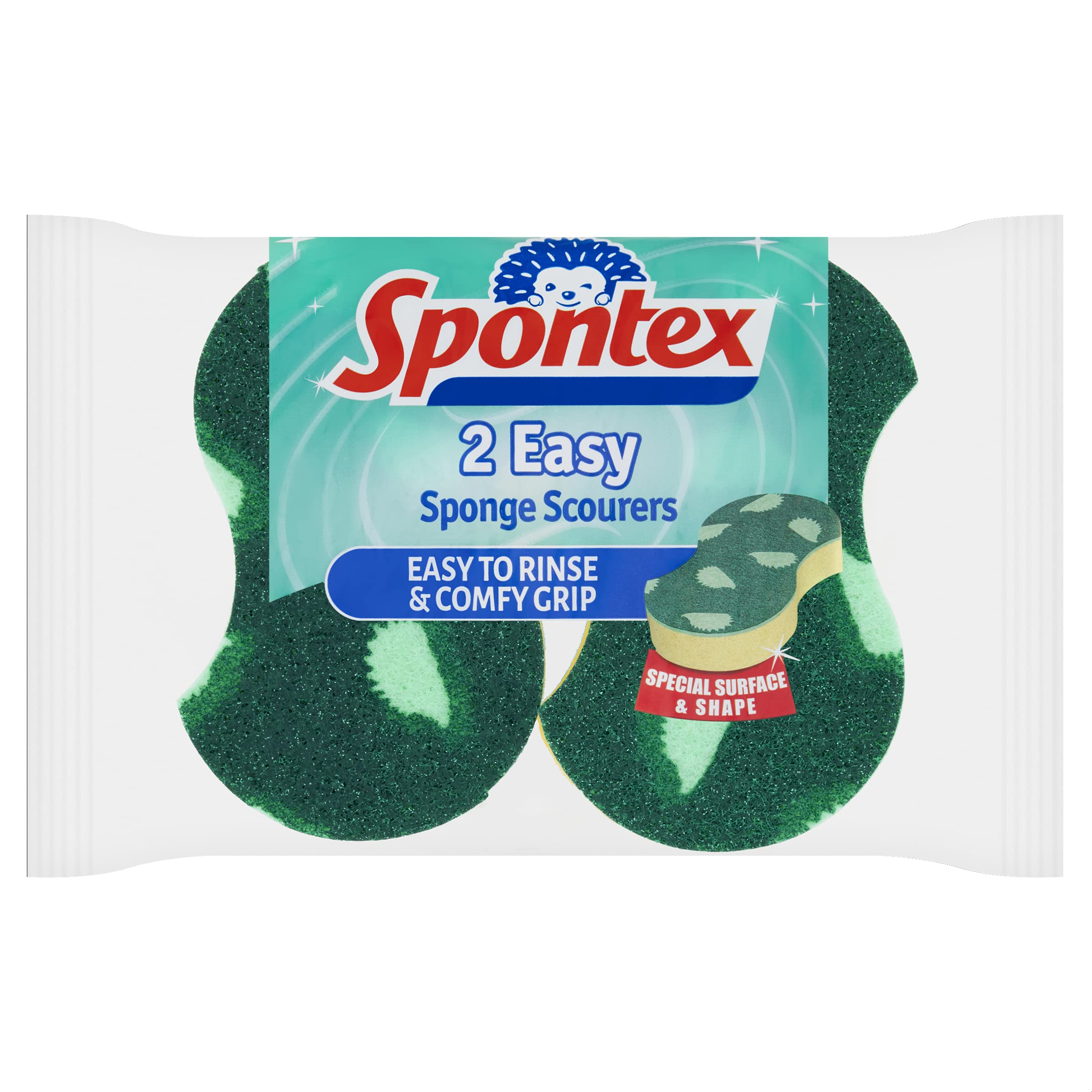 Spontex Easy Sponge Scourers with Comfort Grip - 2 Pack | Green & Yellow | Lemon Scent