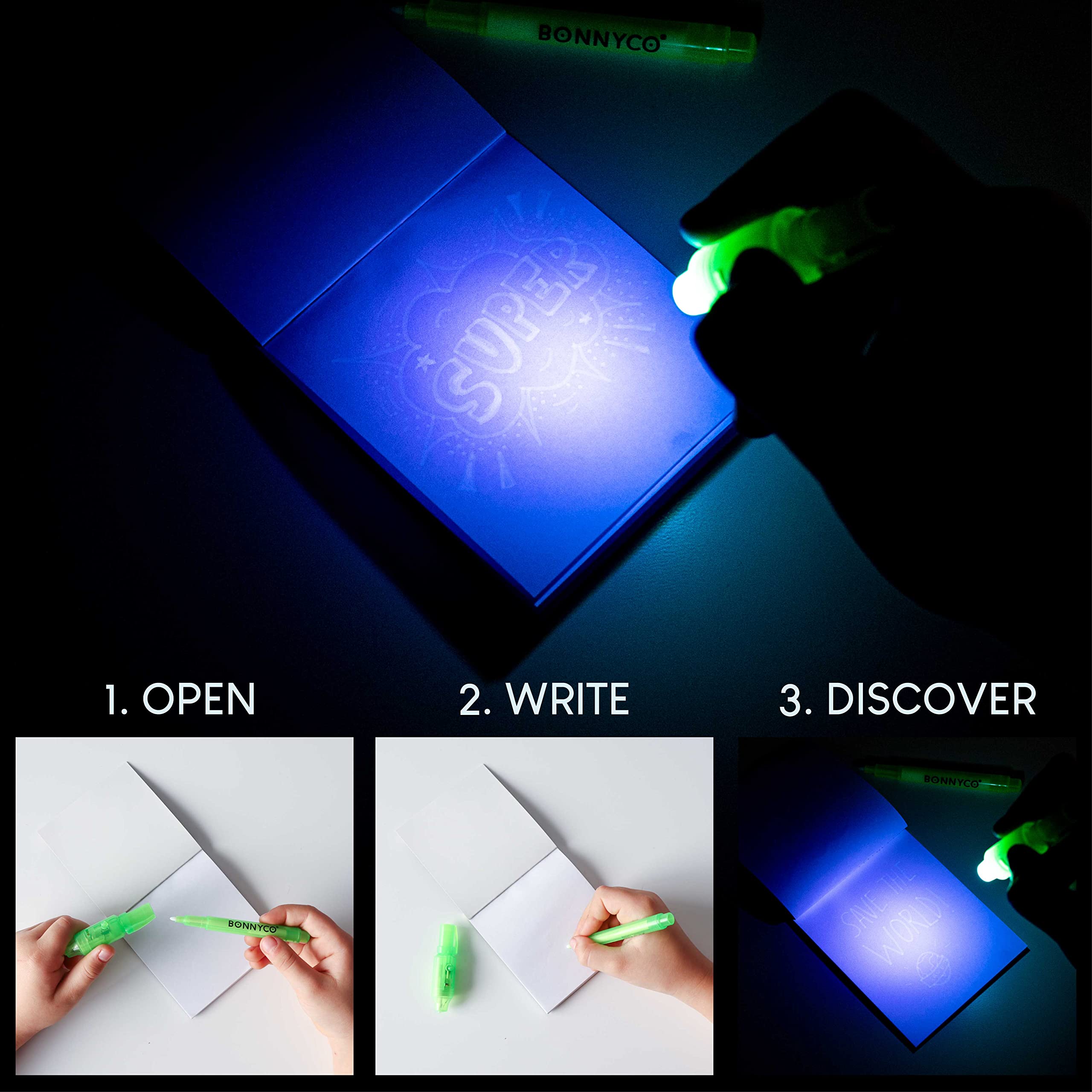 BONNYCO Invisible Ink Pen and Notebook - 16 Pack Superhero Party Favors | UV Light Included